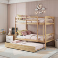 Javlergo Oak Twin Bunk Bed With Trundle Rubberwood Convertible Into 2 Twin Size Beds With Stairs Guardrail And Slat Support