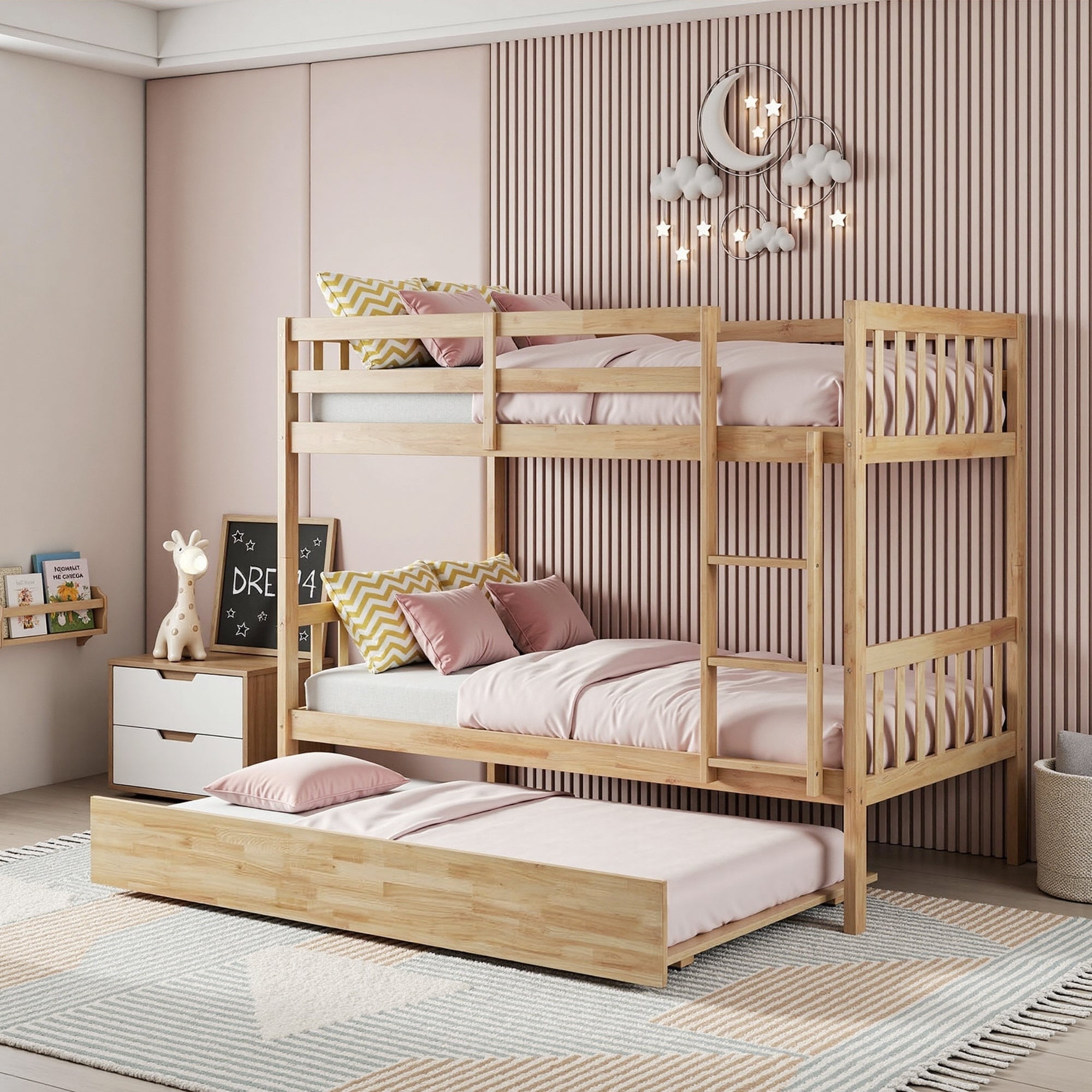 Javlergo Oak Twin Bunk Bed With Trundle Rubberwood Convertible Into 2 Twin Size Beds With Stairs Guardrail And Slat Support