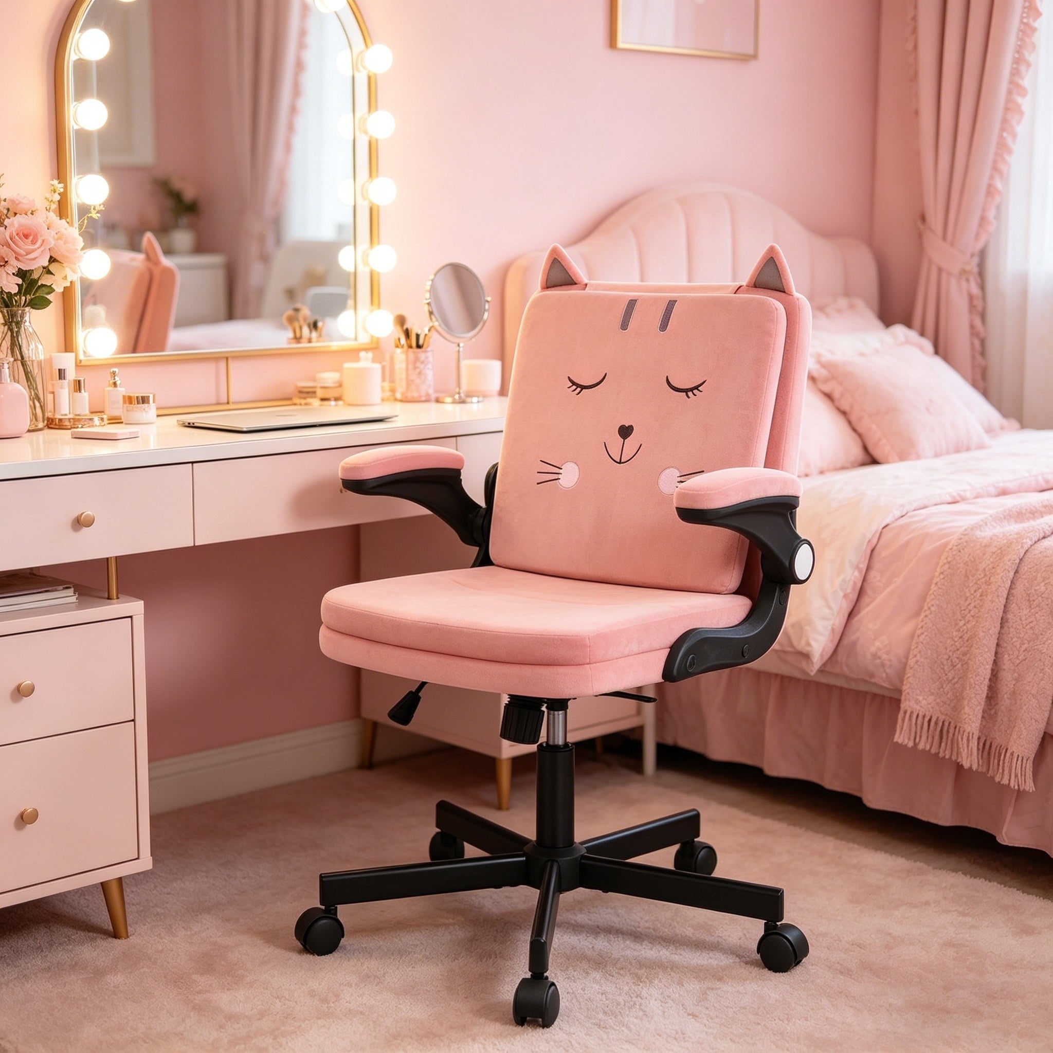 Javlergo Pink Velvet Office Chair Cute Desk Chair 360 Swivel Adjustable Height Task Chair Computer Chair With Foldable Armrest