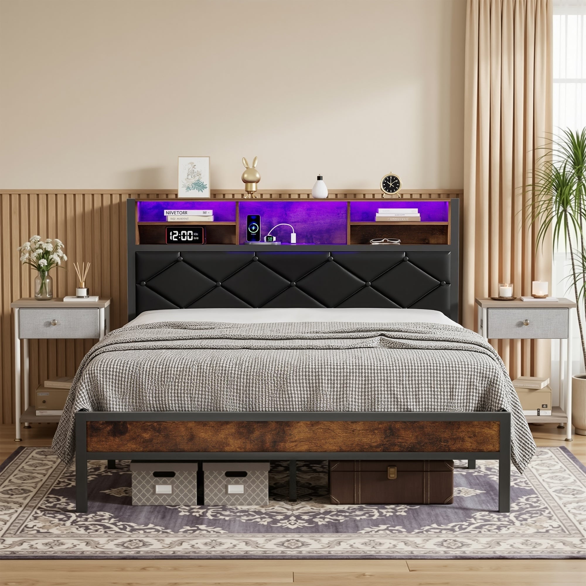 Javlergo Set Of 3 Bookcase Headboard Bed Frame With Led Lights Charging Station Bedroom Set With 2 Fabric Drawer Nightstands