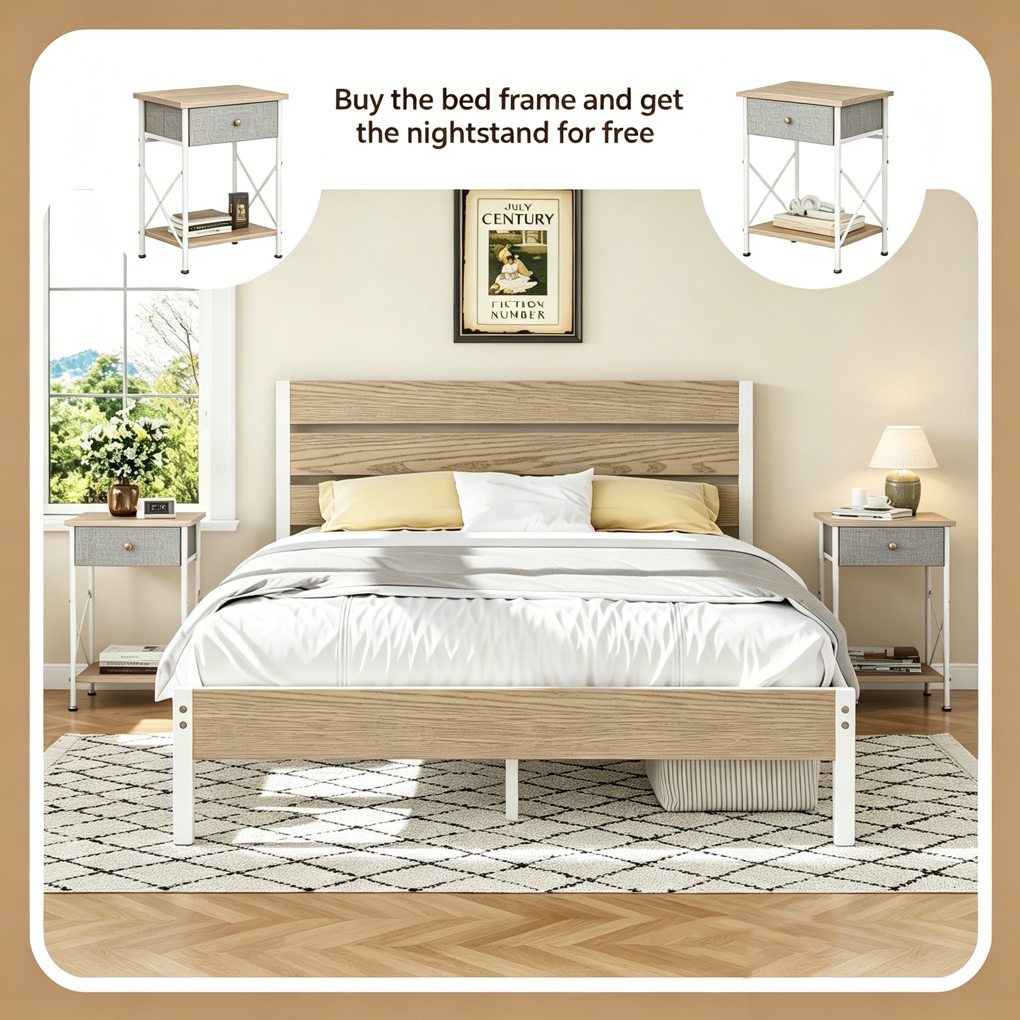 Javlergo Set Of 3 Queen Platform Bed Frame With 2 Nightstands Mdf Headboard Footboard Nightstand With Removable Fabric Drawer