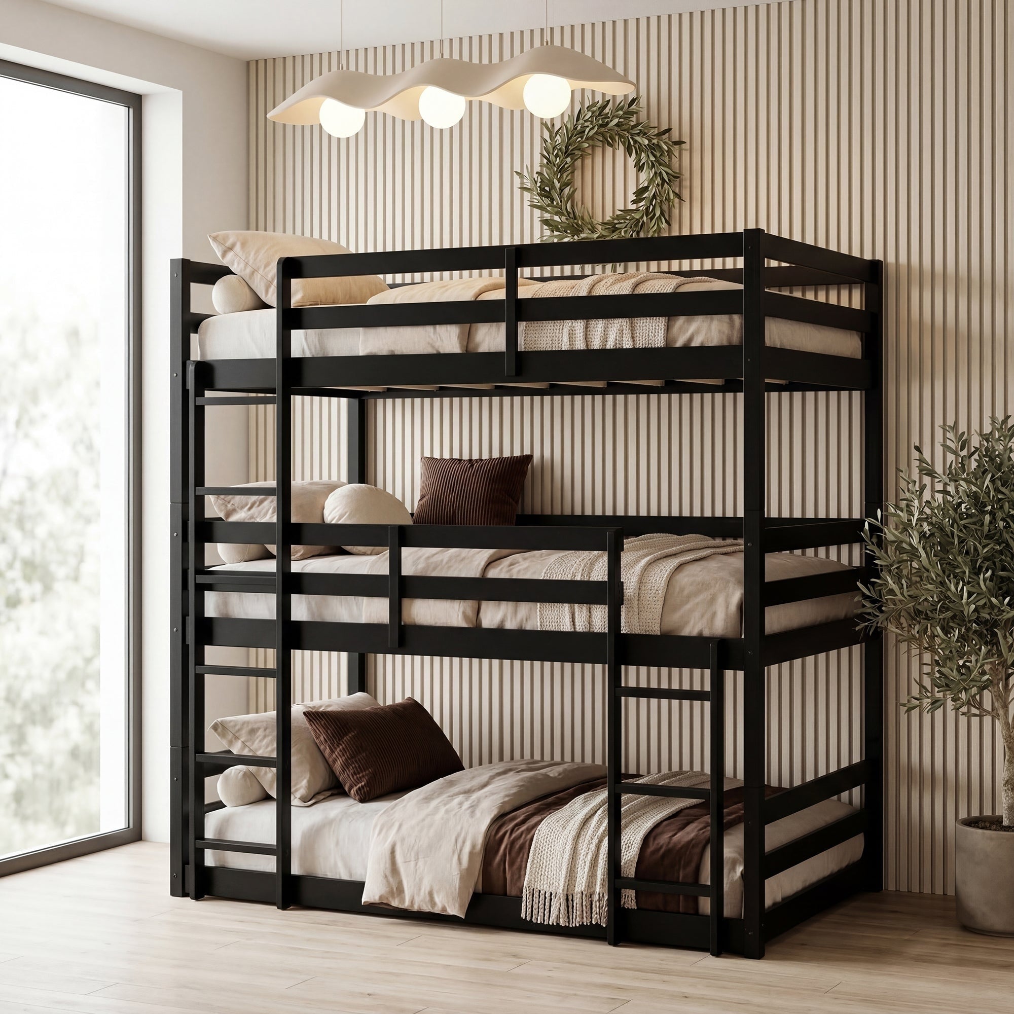 Javlergo Triple Rubber Wood Bunk Bed With Two Ladders Guardrails Detachable Into 3 Twin Beds Twin Over Twin For Kids Teens