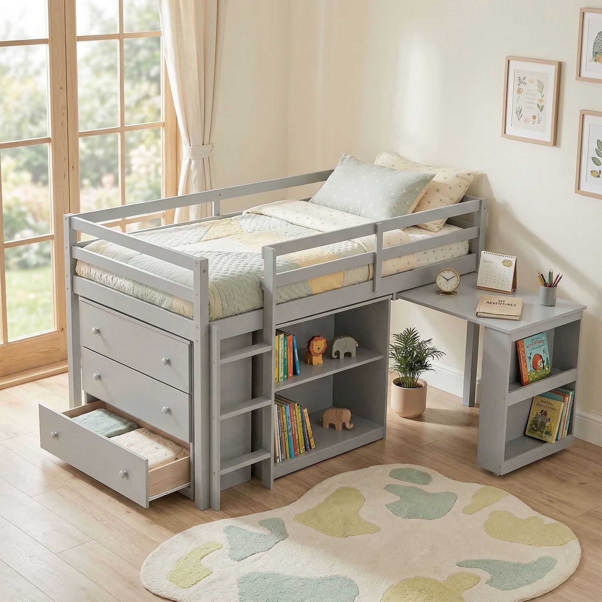 Javlergo Twin Loft Bed With Drawer Cabinet Pulling Out Desk Loft Bed With Safety Guardrail Stairs Pace Saving For Kids Teens