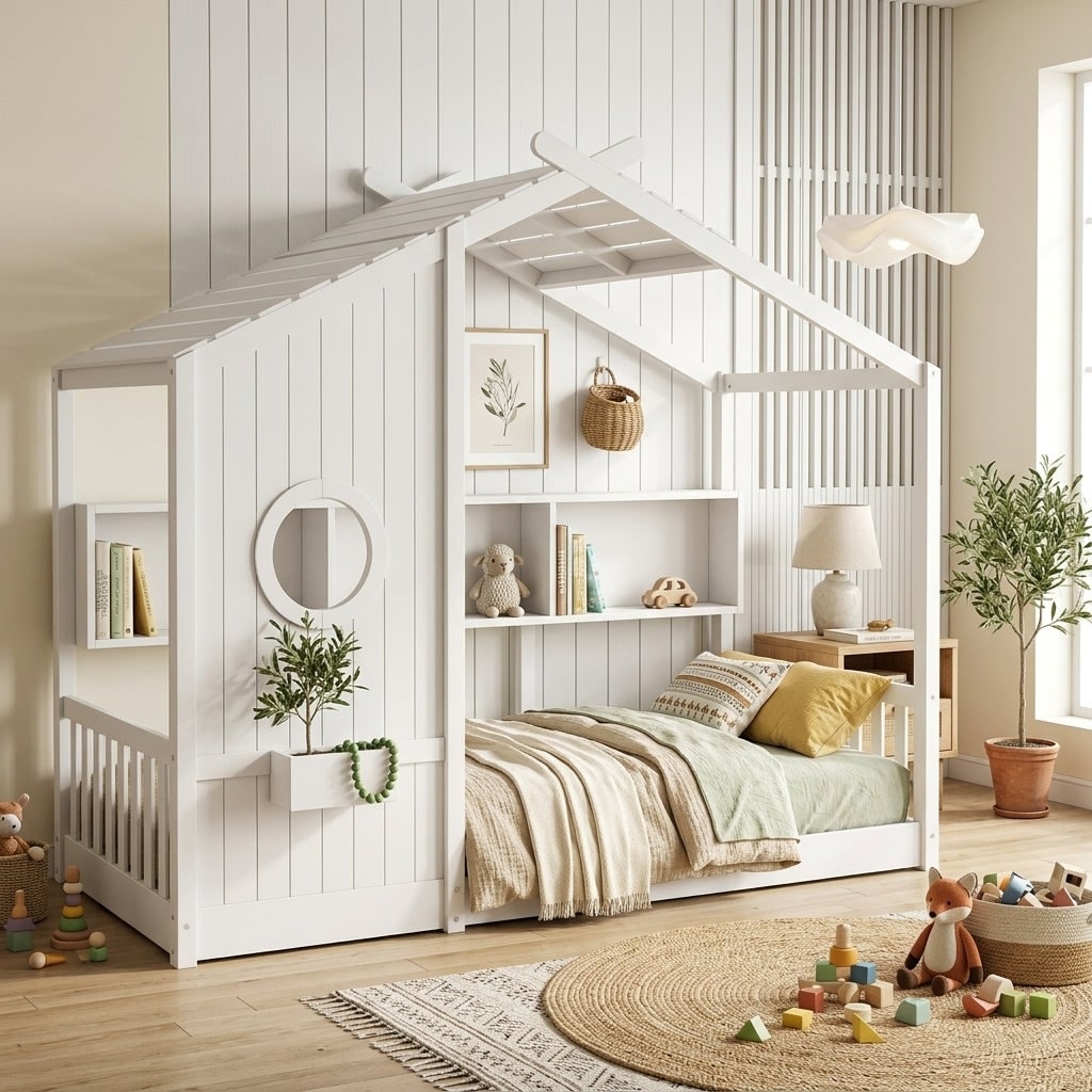 Javlergo Twin Size Floor House Bed For Toddlers Montessori Kids Bed With Roof Design And Storage Shelf Low Frame