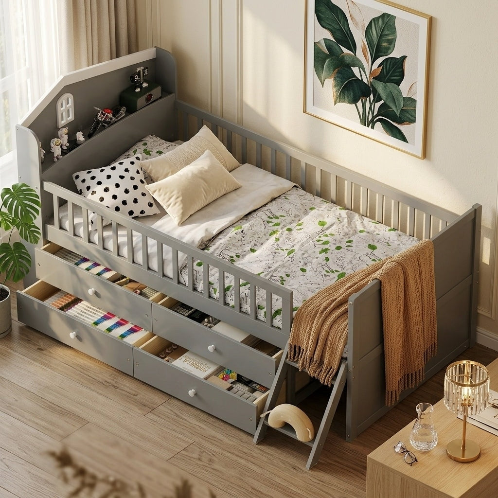 Javlergo Twin Size Platform Bed With 4 Drawers And Guardrail Wooden Bed Frame With Ladder And Headboard Shelf For Kids