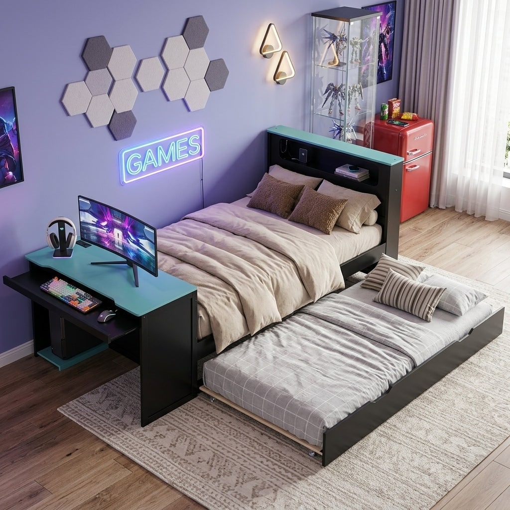 Javlergo Twin Size Platform Bed With Gaming Desk And Led Lights Storage Headboard Pull Out Trundle Space Saving Solution