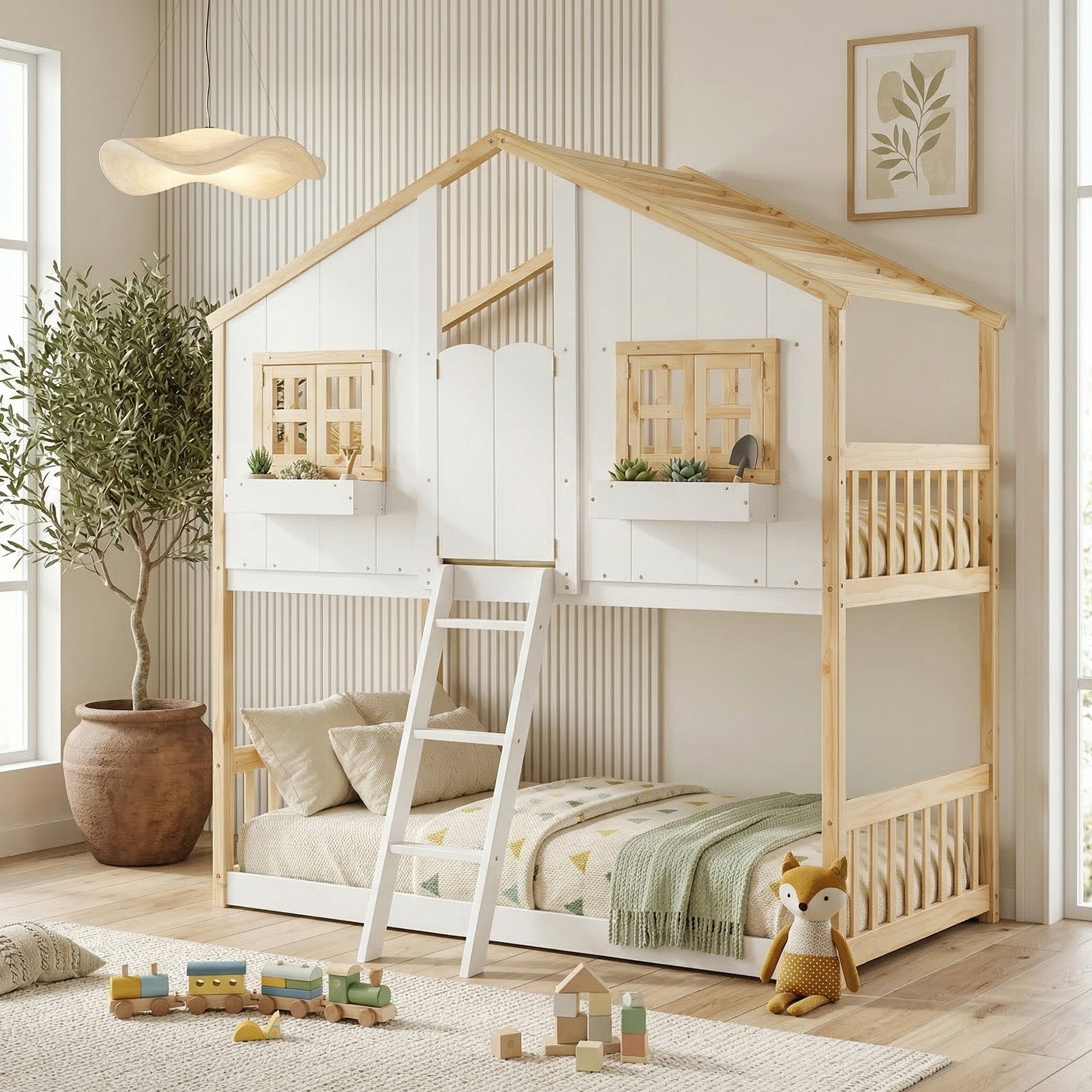 Javlergo Twin Over Twin House Bunk Bed With Roof Window Low Height Bunk Bed With Ladder And Full Length Guardrails