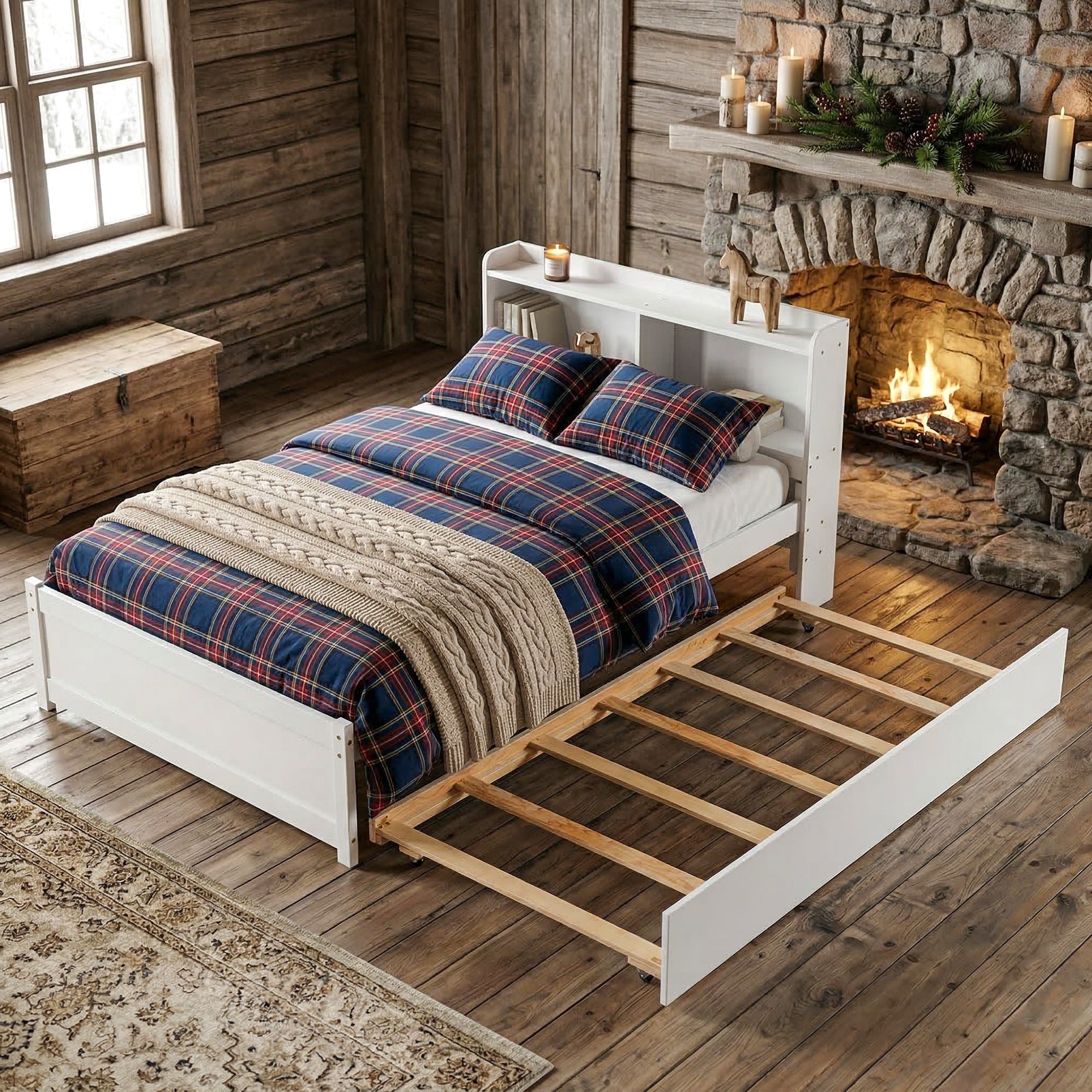 Javlergo Set Of 2 Full Bed With Trundle Pine Wood Platform Bed Frame With Bookcase Headboard And Slat Support