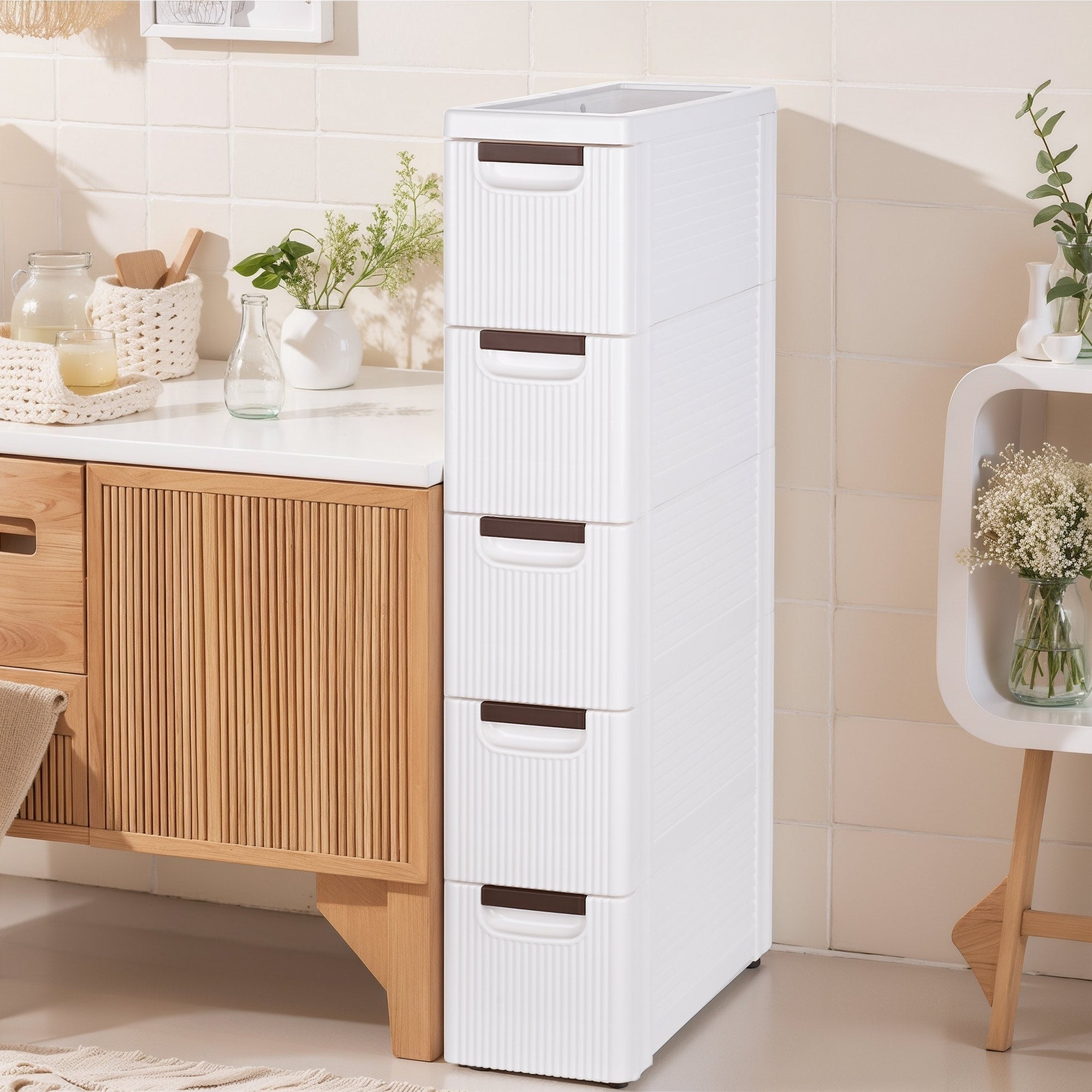 Javlergo White Stripe Narrow Storage Cabinet 3 4 5 Layer Rolling Bathroom Organizer With Drawers Wheels For Bathroom Living Room