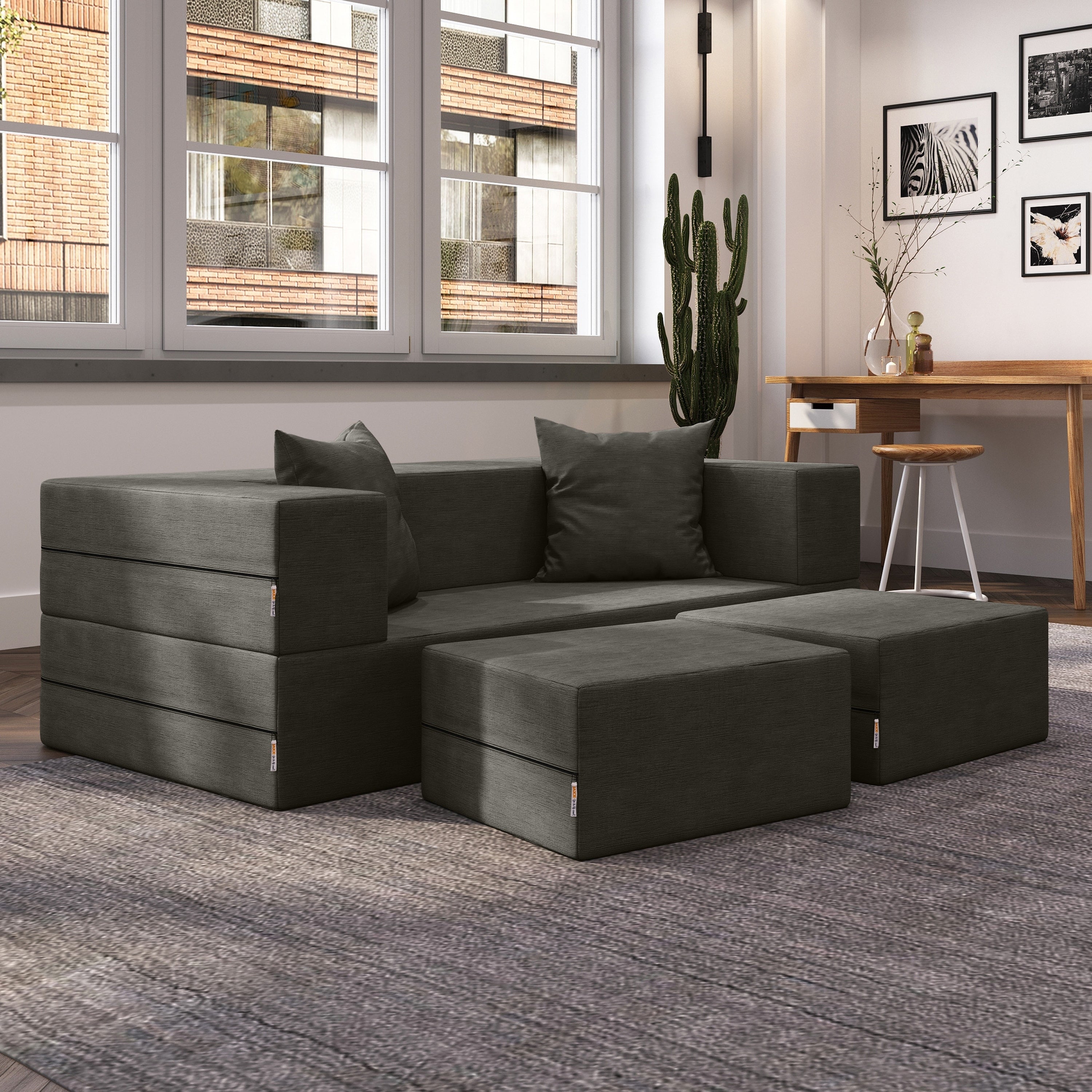 Jaxx Zipline Convertible Queen Size Sleeper Loveseat And Ottoman Set
