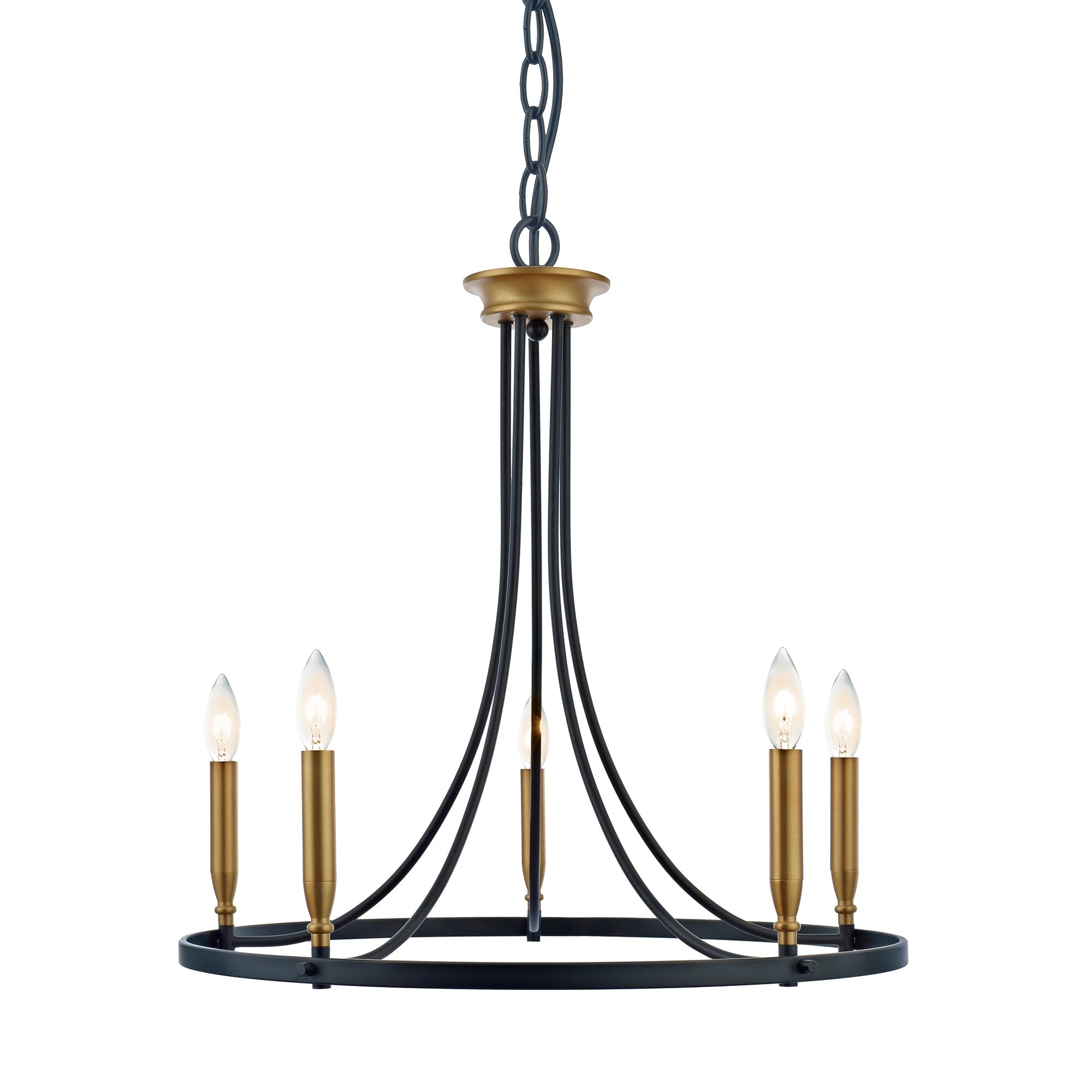 Jaye Matte Black Antique Brass 5 Light Metal Wagon Wheel Chandelier