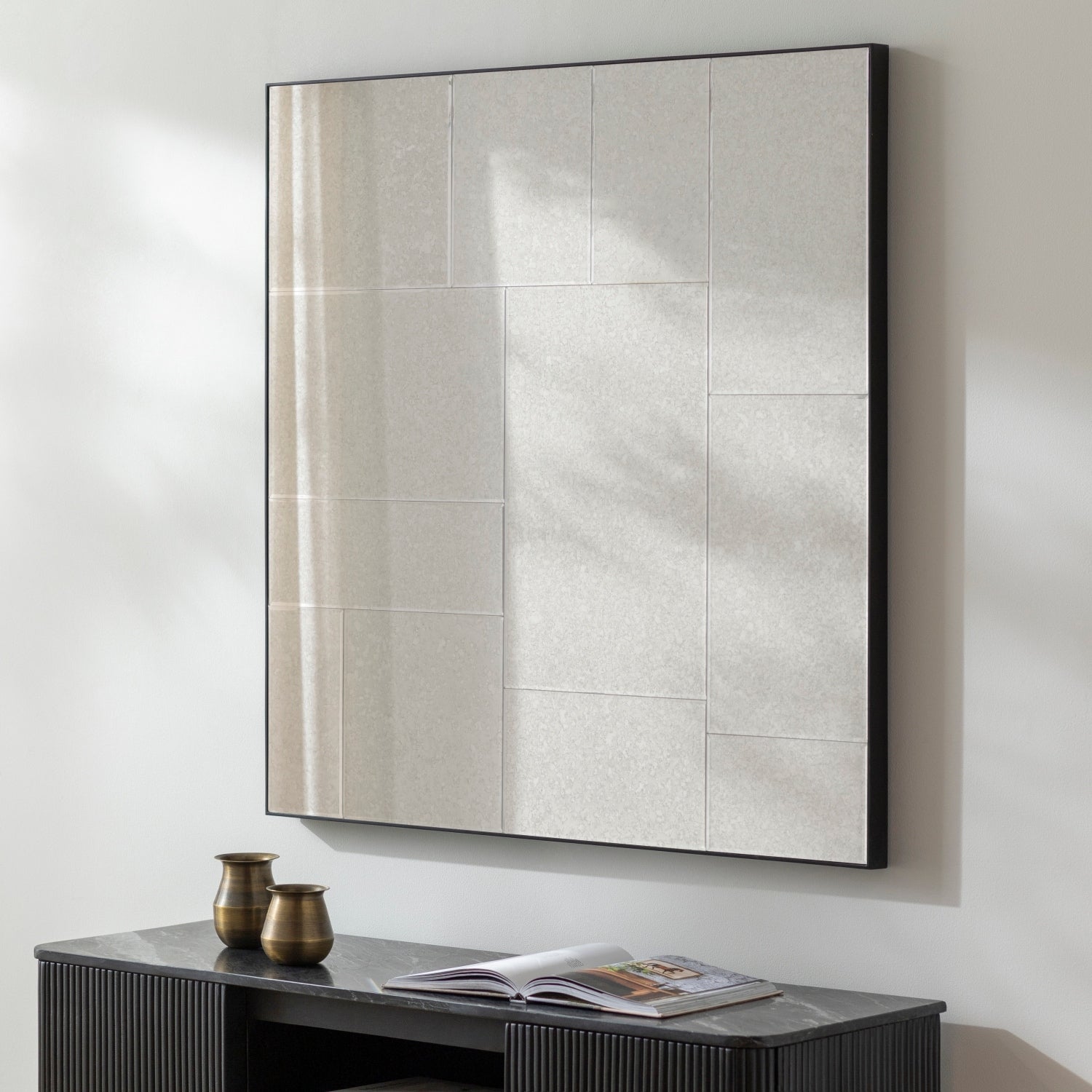 Jayla Antiqued Tile Contemporary Wall Mirror Black Clear 42 X 42