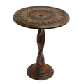 Jem 22 Inch Side End Table Round Top Hand Carved Boho Mandala Design With Twisted Base Brown Mango Wood