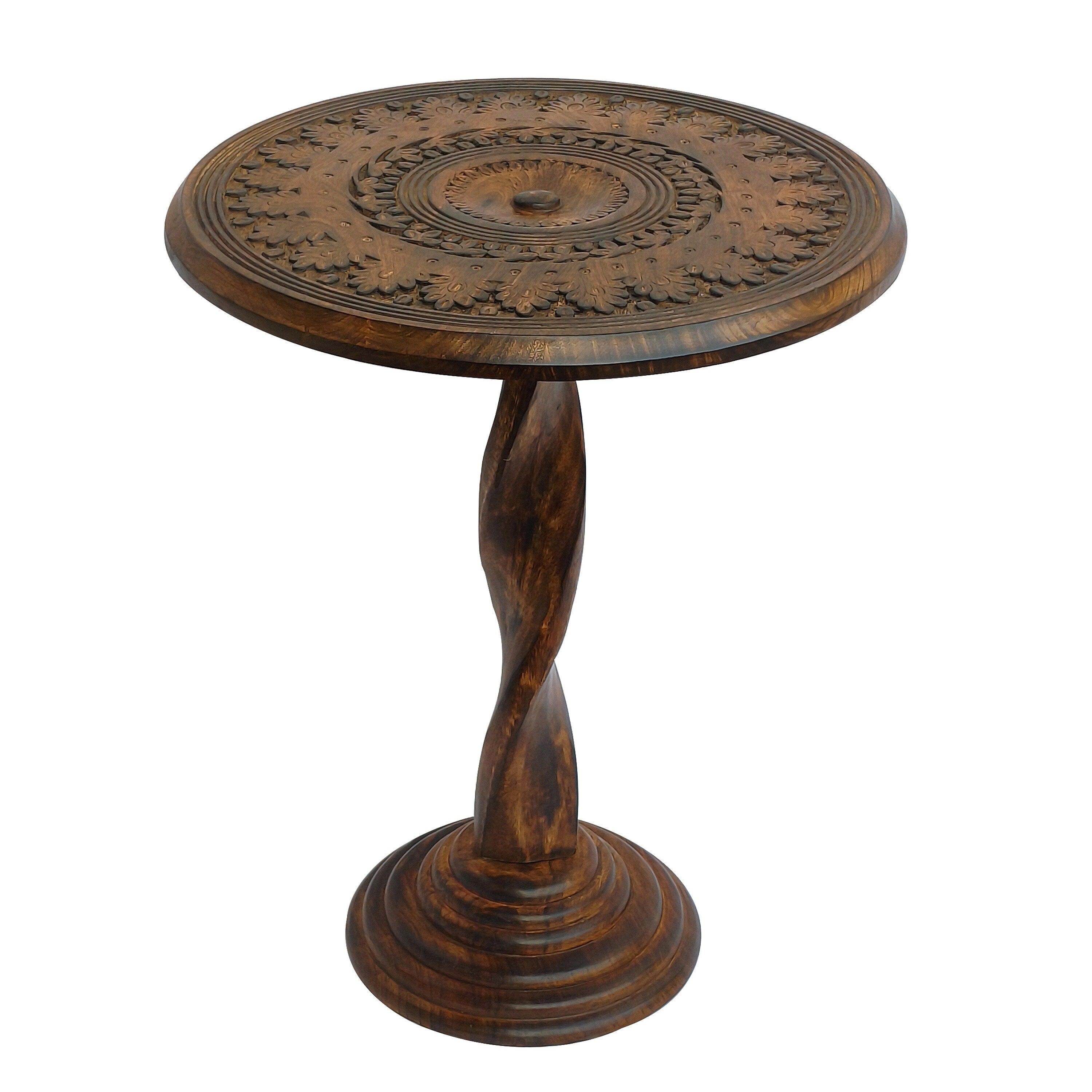 Jem 22 Inch Side End Table Round Top Hand Carved Boho Mandala Design With Twisted Base Brown Mango Wood