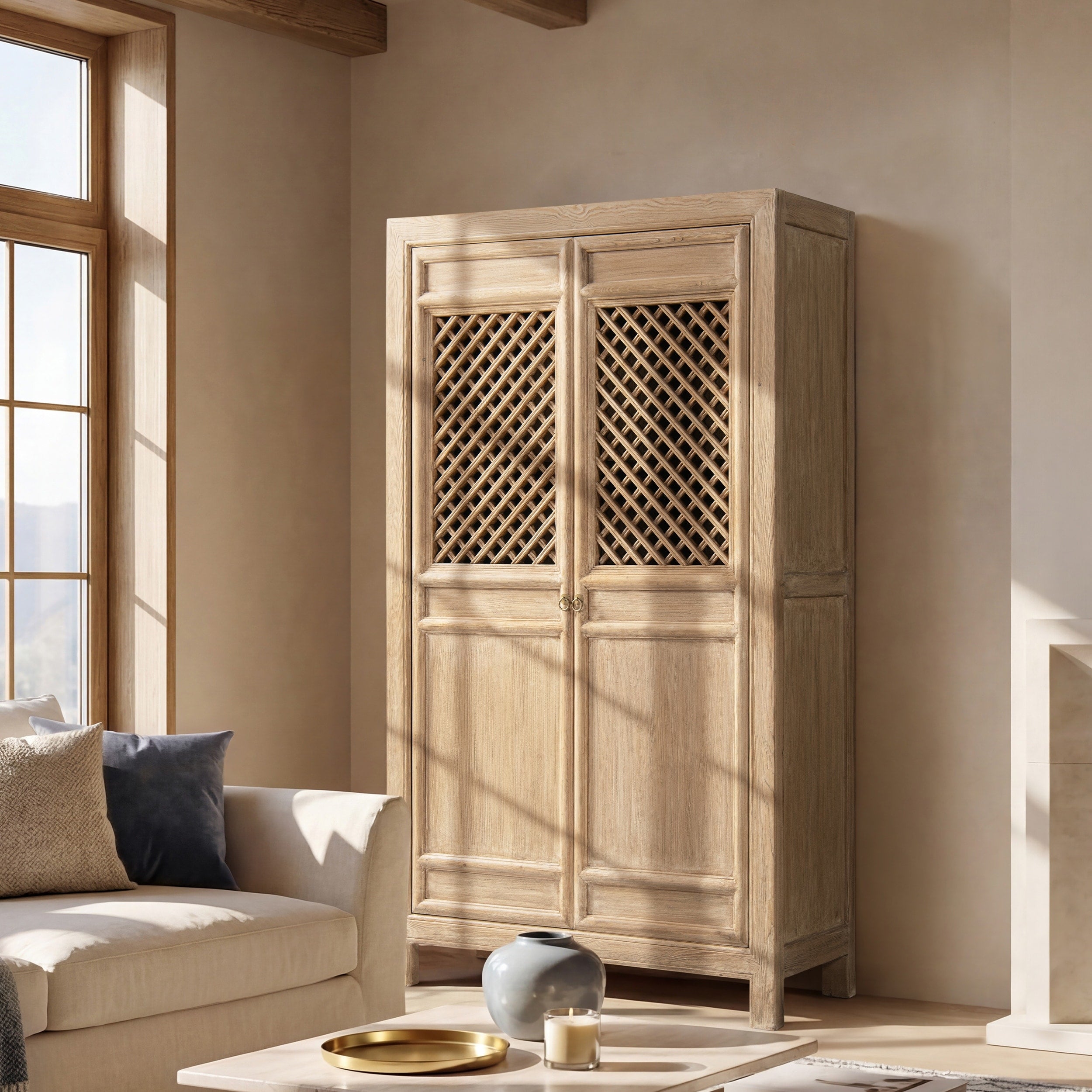 Jennifer Taylor Home Arden 83 Tall Solid Reclaimed Elm Lattice 2 Door Bookcase Storage Cabinet