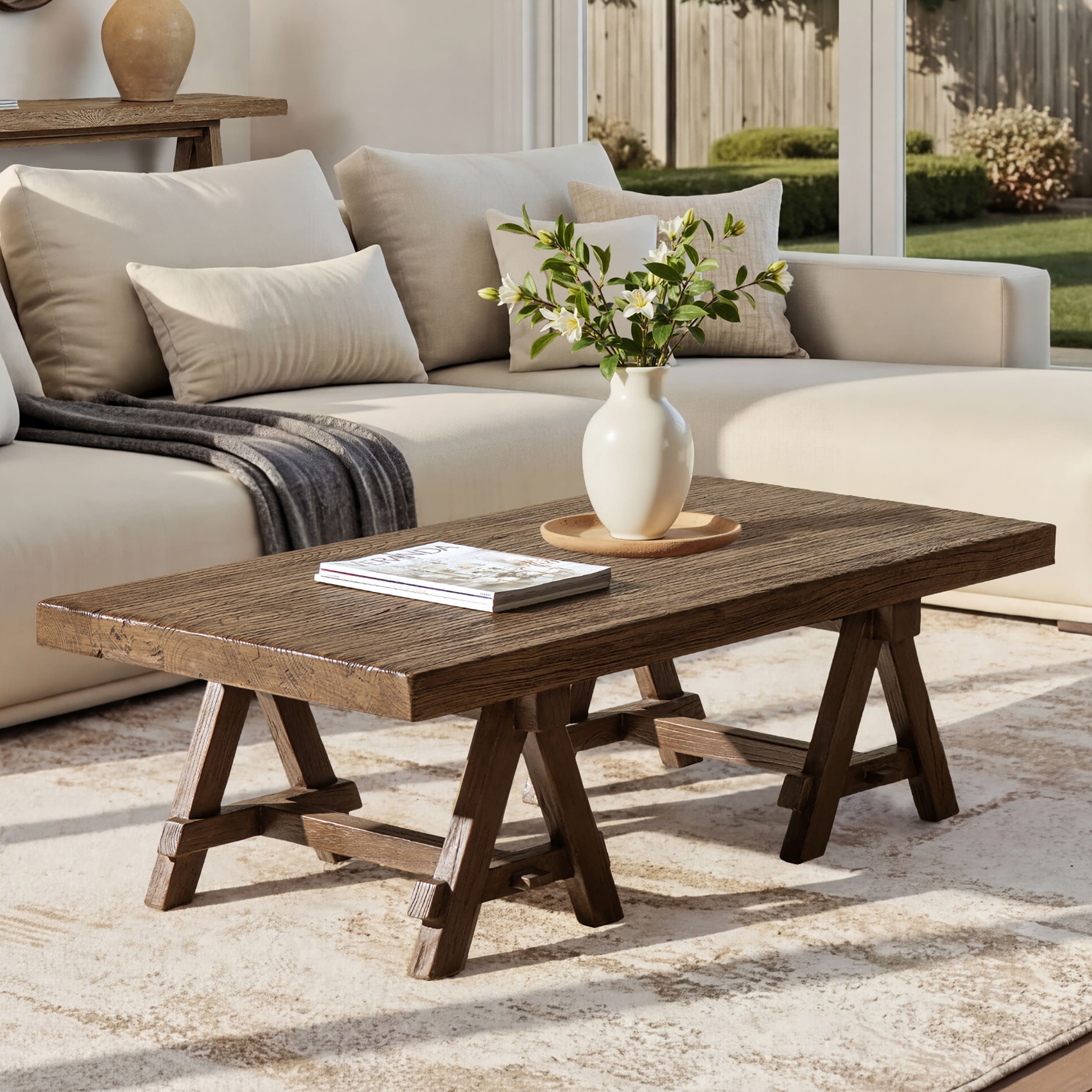Jennifer Taylor Home Hawthorne 48 Solid Reclaimed Elm Rectangular Trestle Coffee Table