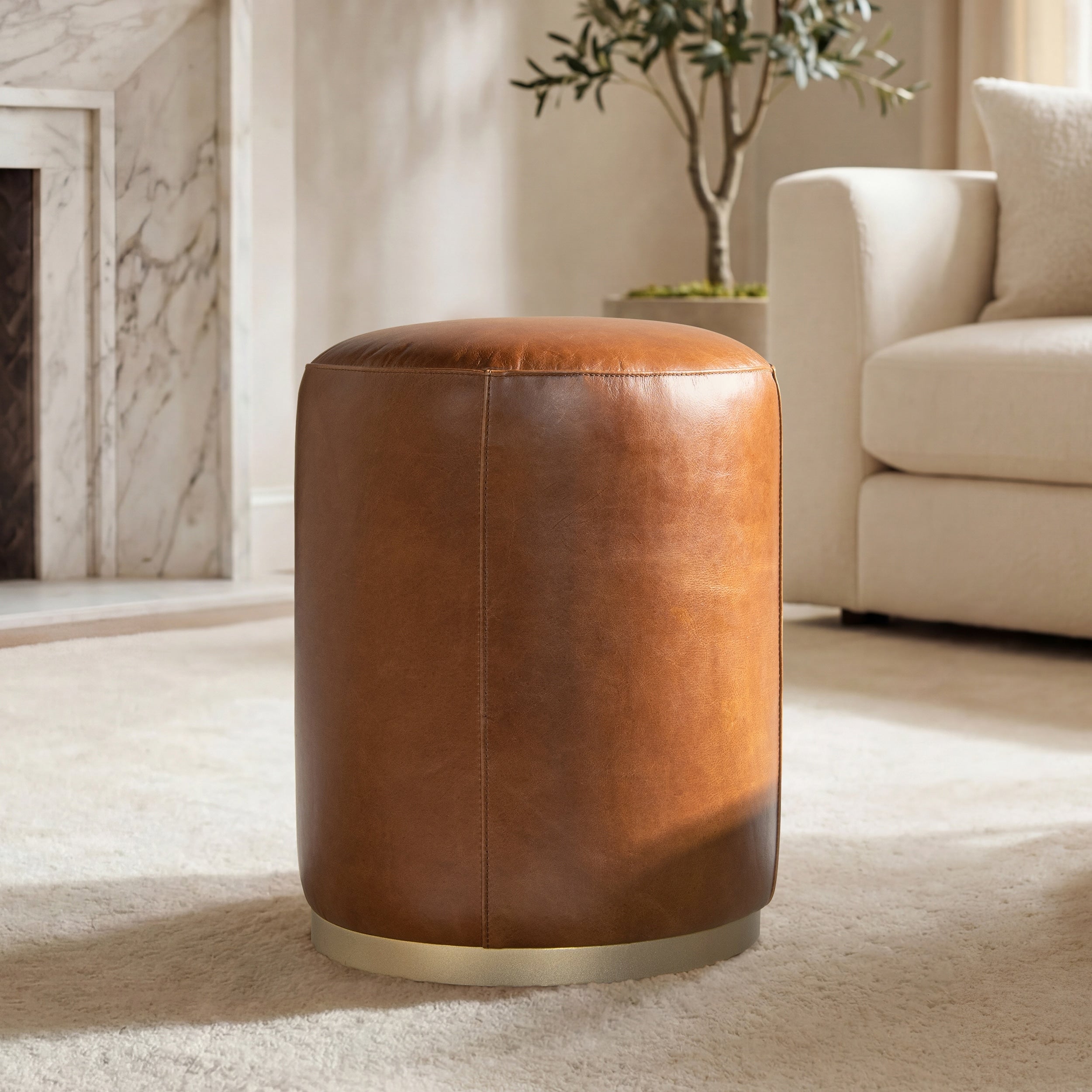 Jennifer Taylor Home Nico 16 Round Leather Ottoman Stool Camel Brown Leather