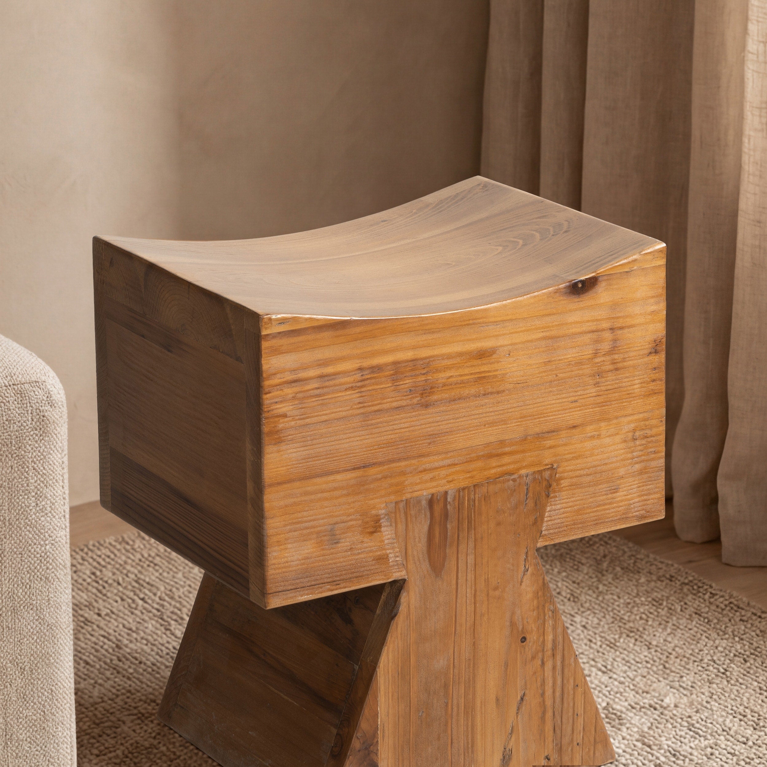 Jennifer Taylor Home Nico Reclaimed Wood Sculptural Stool Ottoman Honey Aged Brown Reclaimed Pine Wood