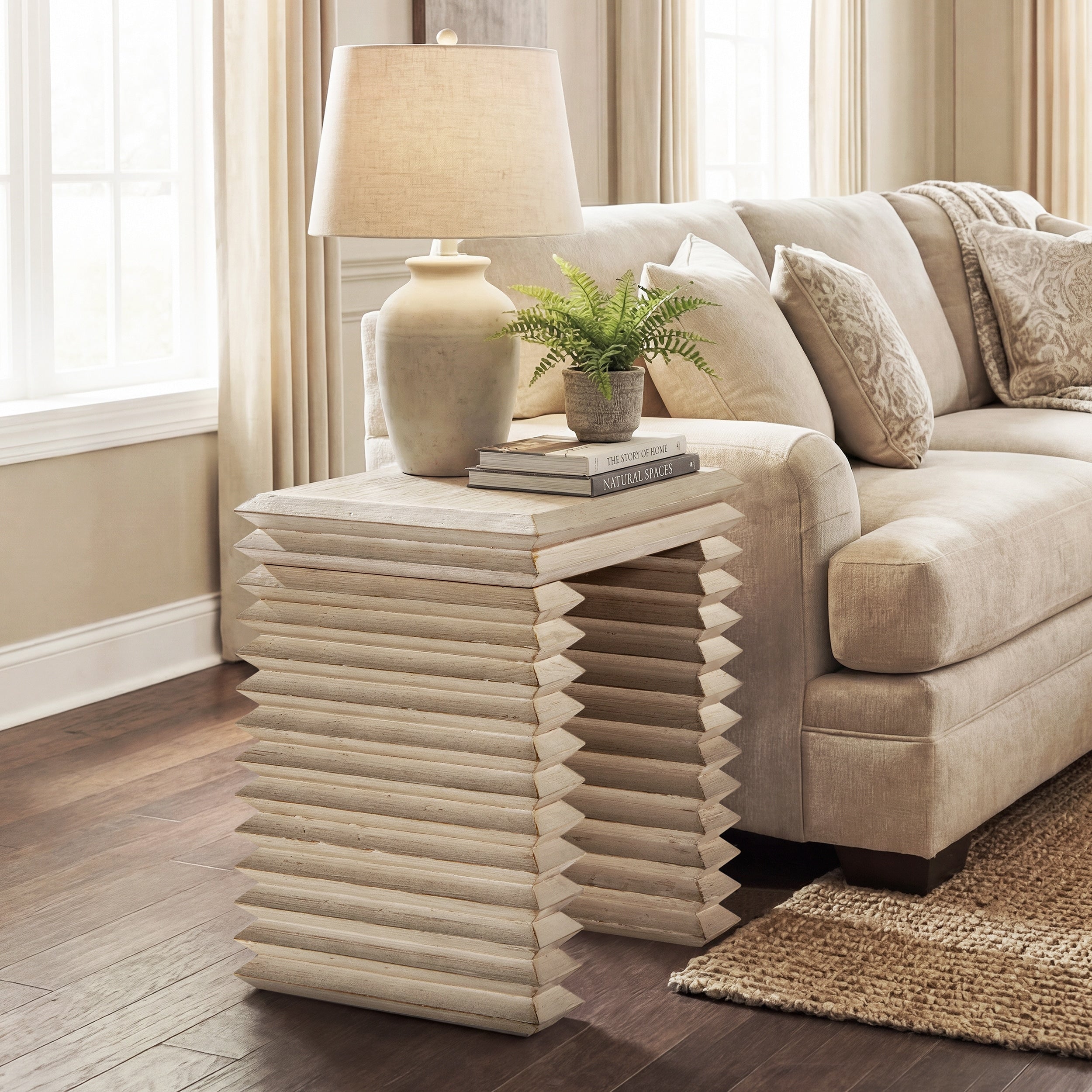 Jennifer Taylor Home Veda 20 Reclaimed Wood Stacked Geometric Waterfall Side Table Whitewashed Natural Reclaimed Pine Wood