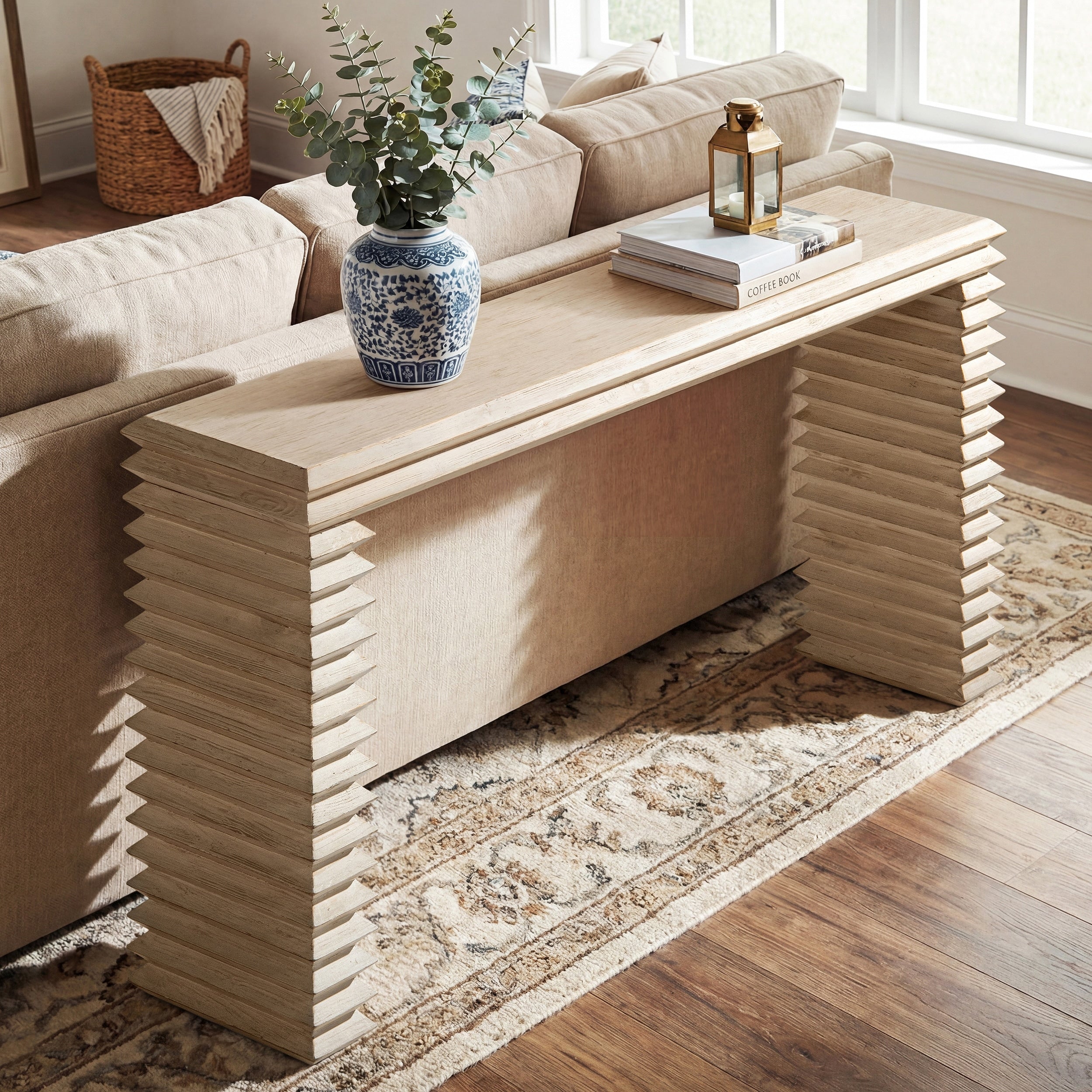 Jennifer Taylor Home Veda 63 Reclaimed Wood Stacked Geometric Waterfall Console Table Whitewashed Natural Reclaimed Pine Wood