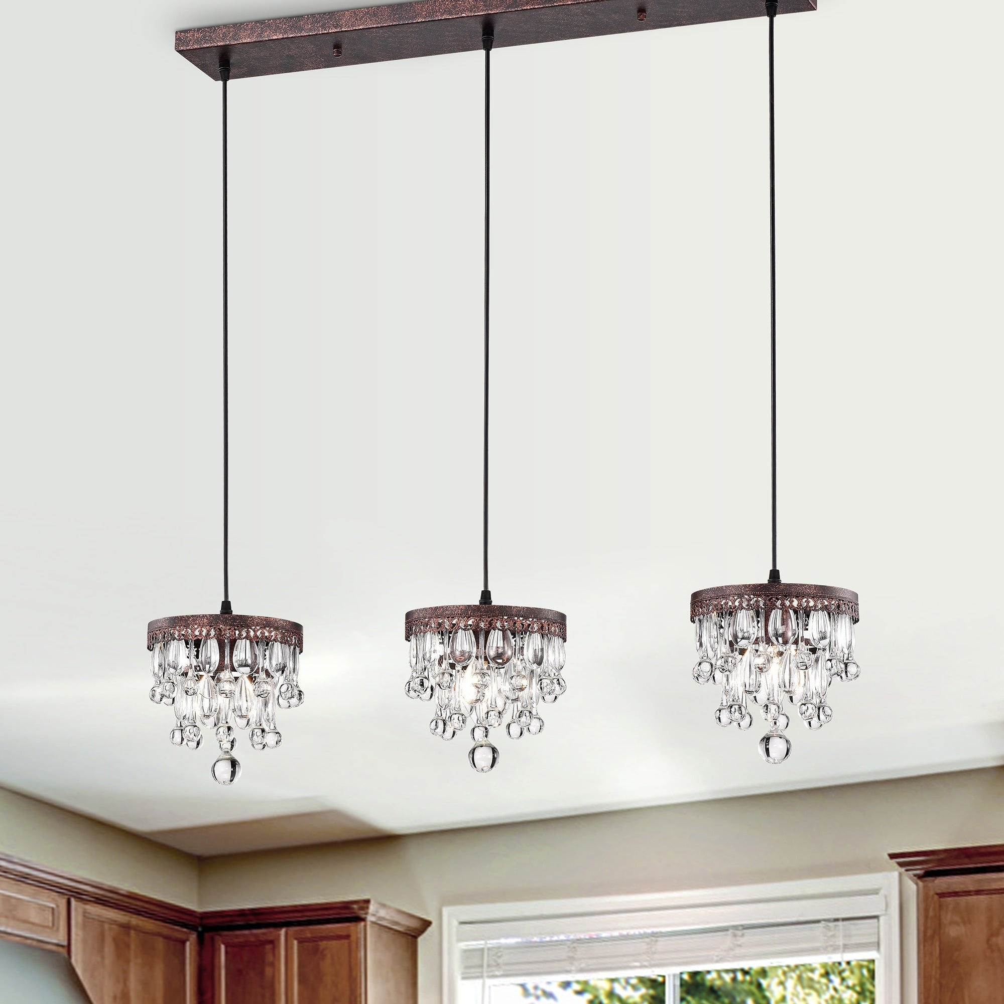 Jerri Antique Copper 3 Light 5 Tier Hanging Crystals Pendant Light