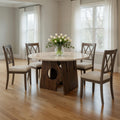 Jesa 5Pc Round Dining Table Set White Botticino Italian Marble Walnut Brown