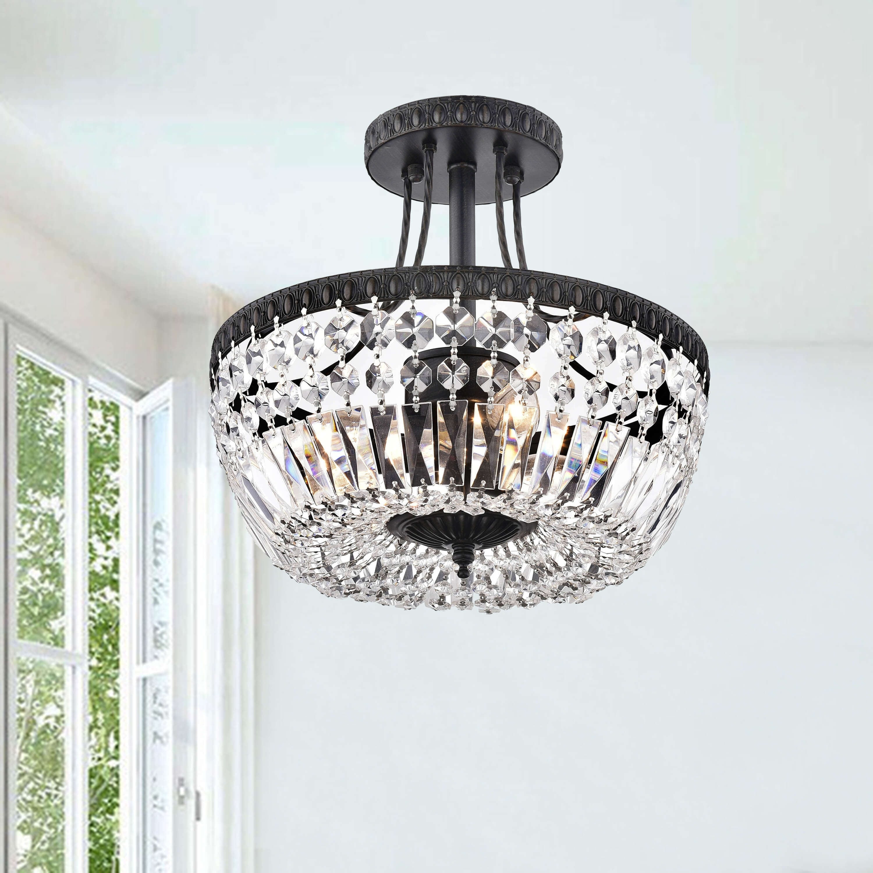 Jessica Crystal Antique Black Basket 3 Light Flush Mount Chandelier