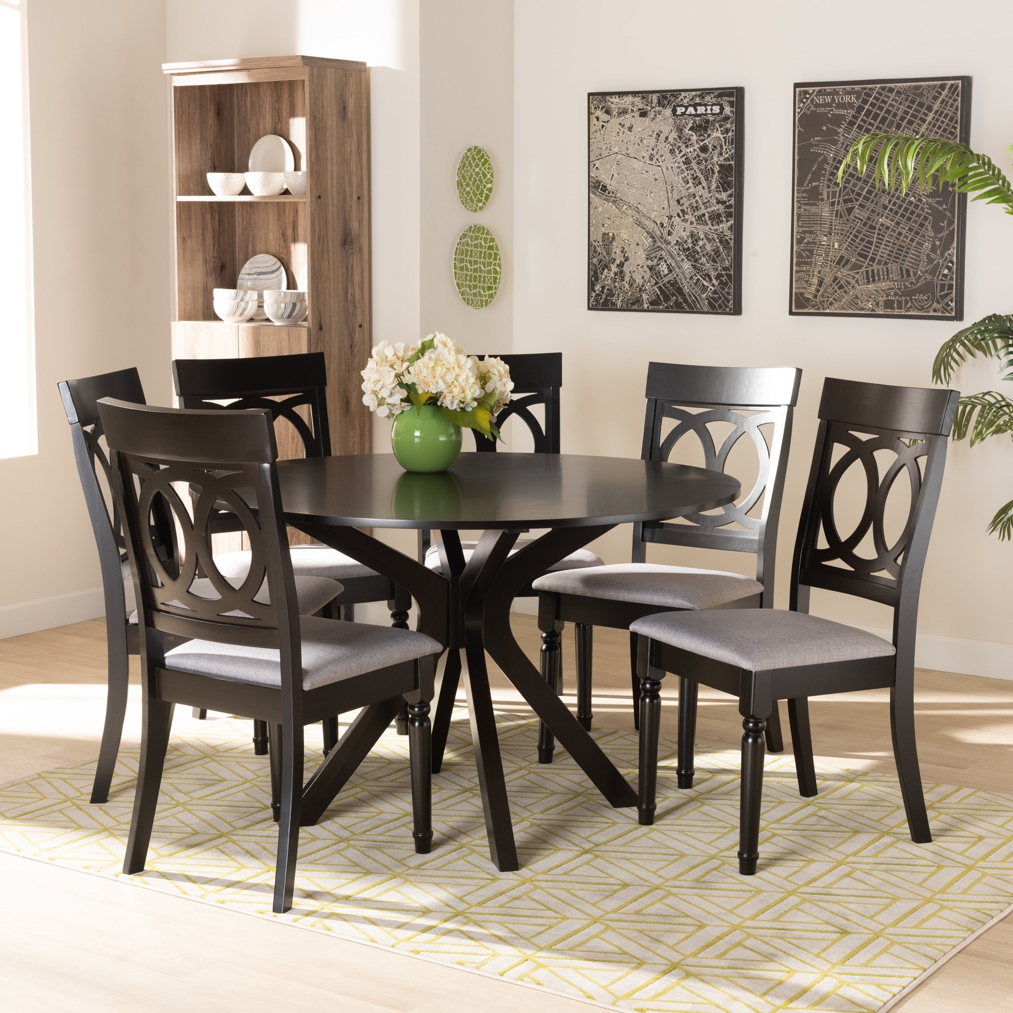 Jessie Grey Fabric And Dark Brown Finished Wood 7 Piece Dining Set