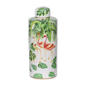 Jesu Decorative Botanical Flamingo Jar White Green Porcelain 18 Inch