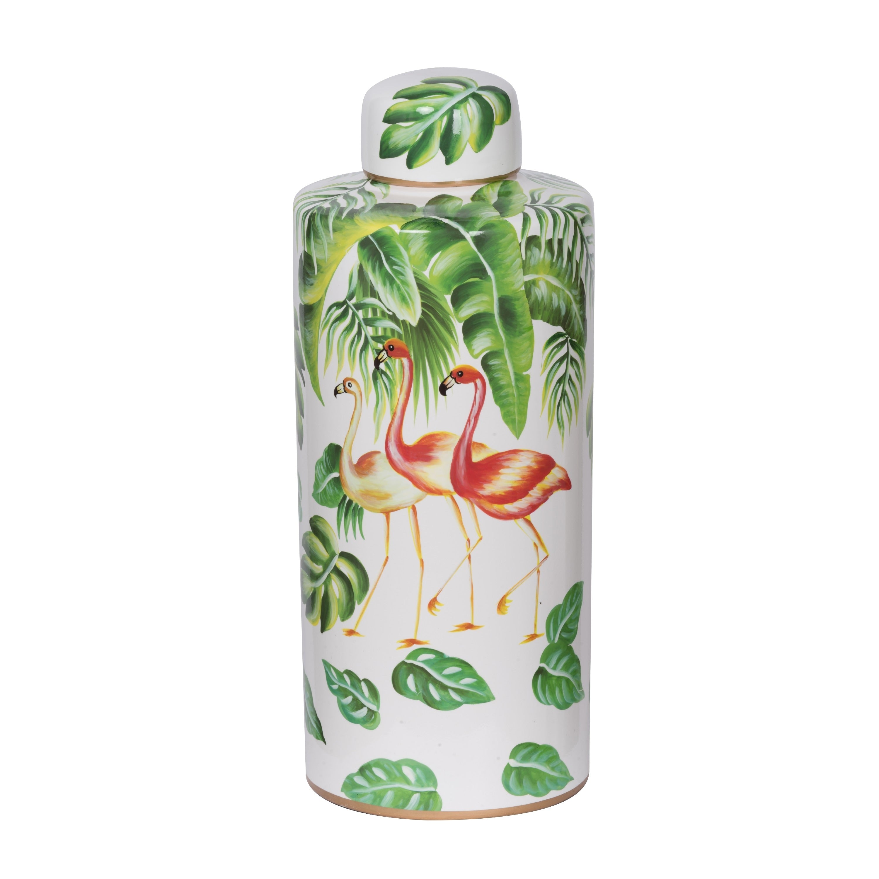 Jesu Decorative Botanical Flamingo Jar White Green Porcelain 18 Inch