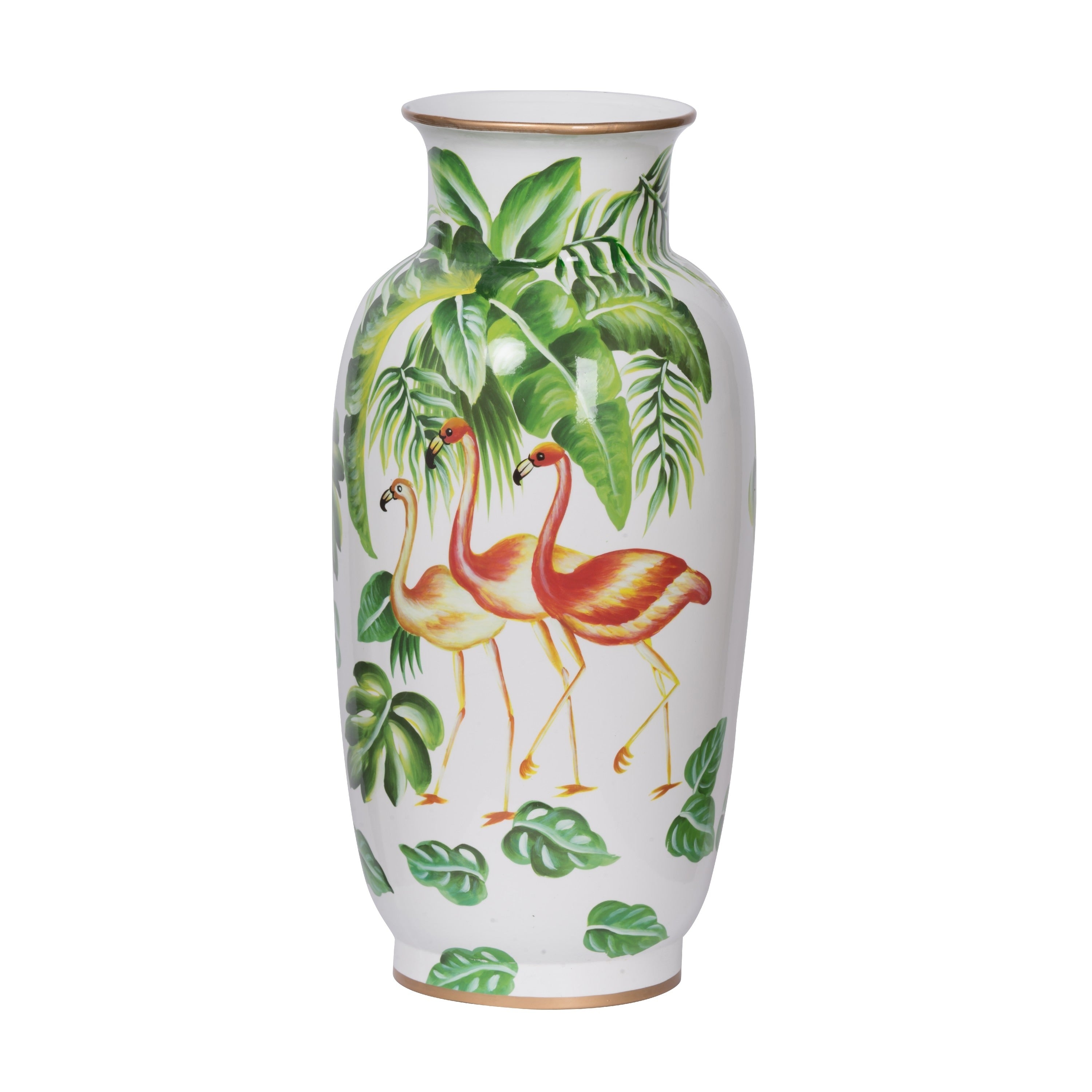 Jesu Decorative Botanical Flamingo Vase White Green Porcelain 16 Inch