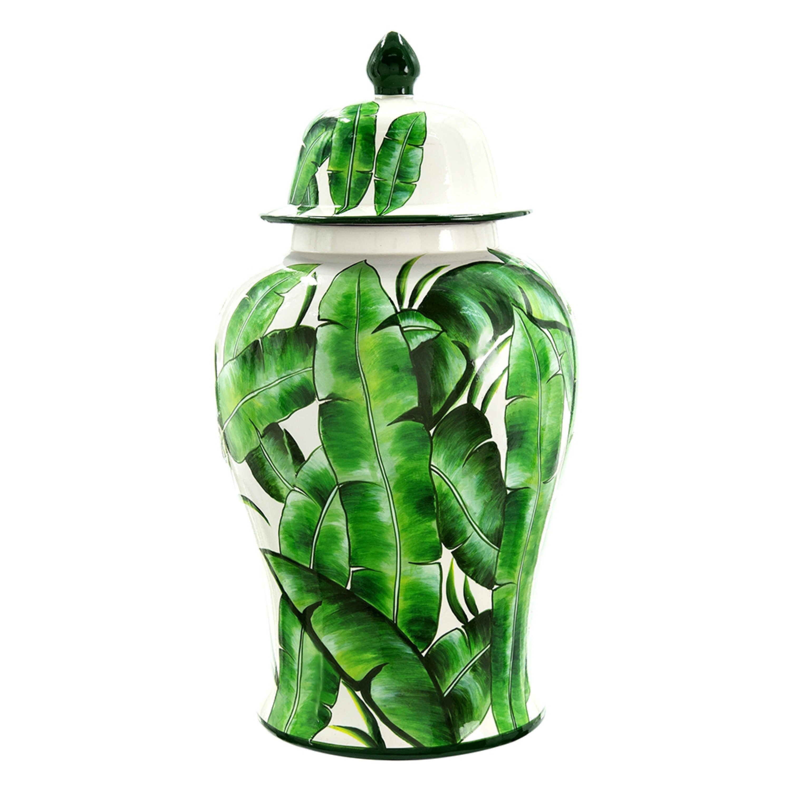 Jesu Temple Jar With Lid White Green Palm Leaf Accent 18 Inch Porcelain