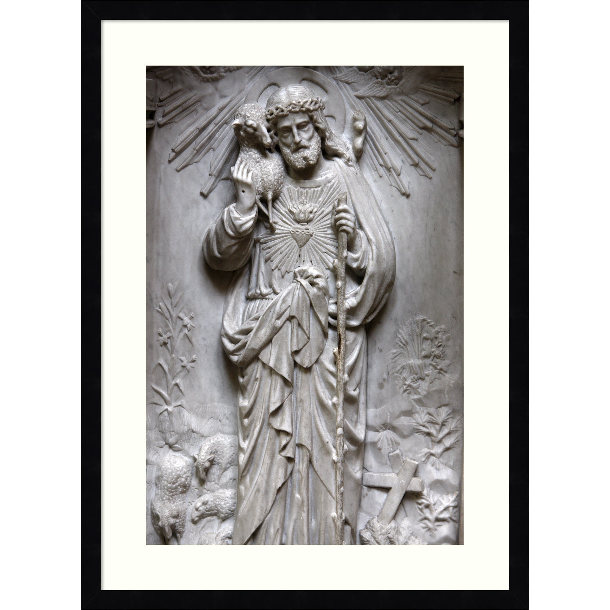 Jesus As A Shepherd Sculpture By Notre Dame De Bayeux Cathedral Wood Framed Wall Art Print