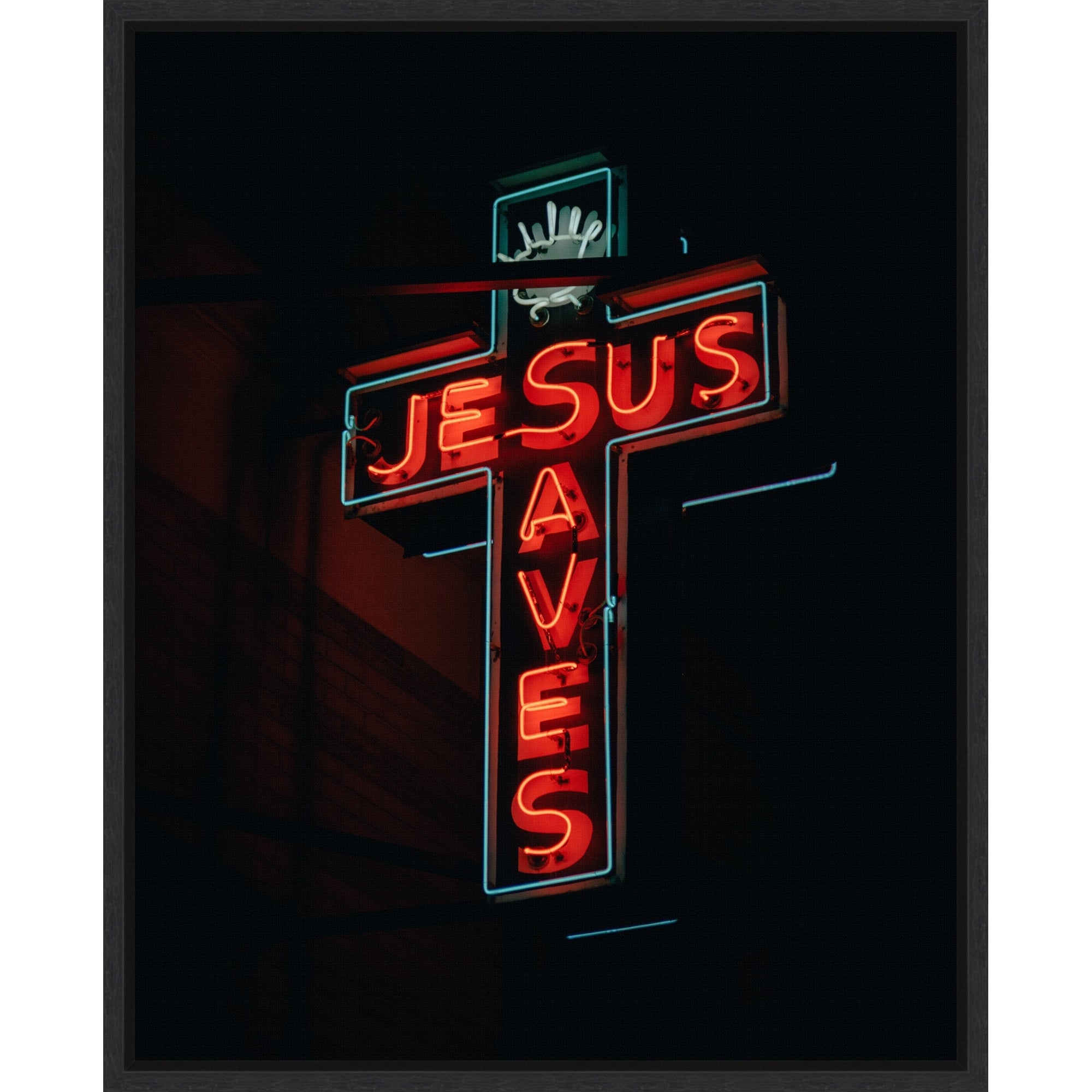 Jesus Saves Neon Sign At Night By Jon Bilous Framed Canvas Wall Art Print