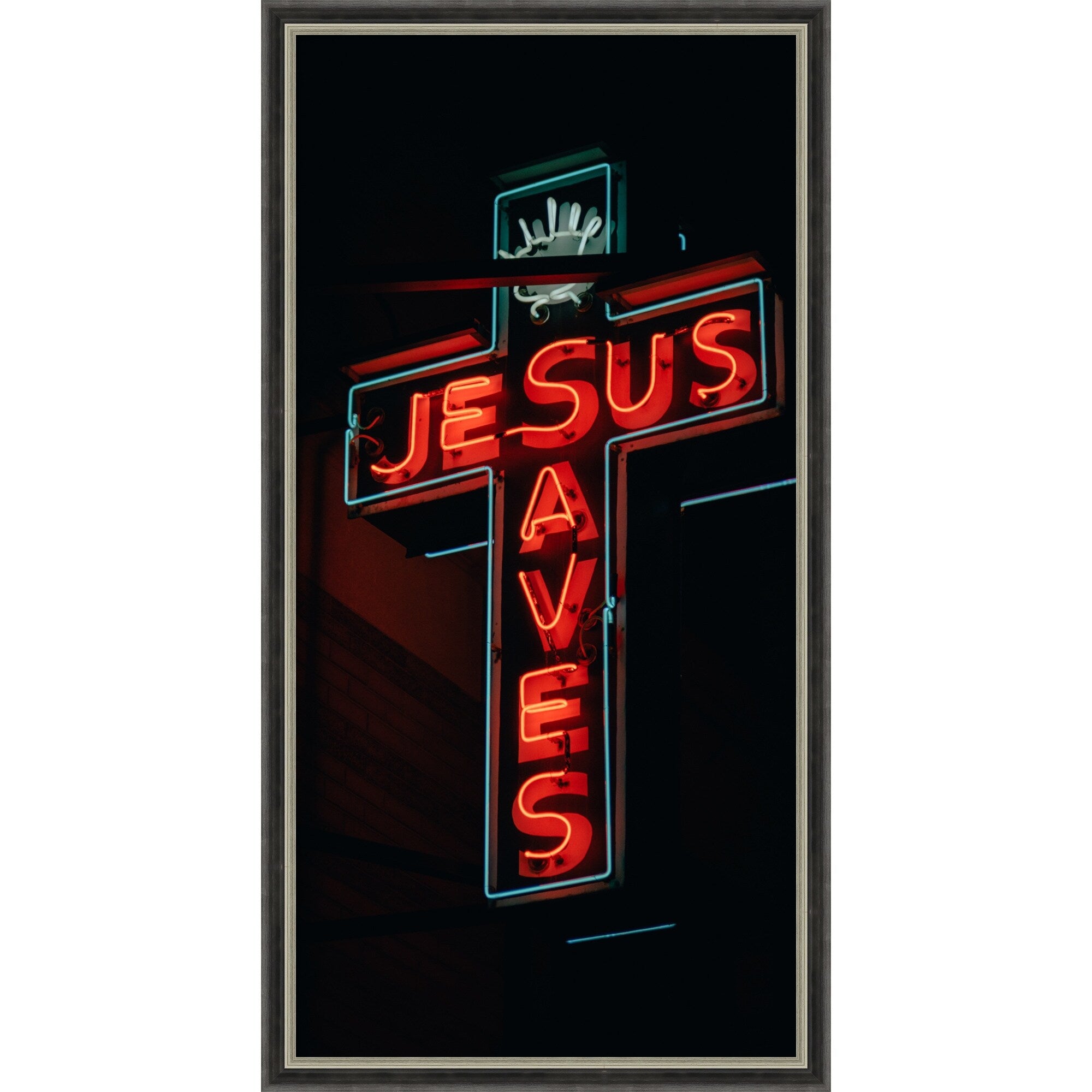 Jesus Saves Neon Sign At Night By Jon Bilous Framed Mounted Canvas Wall Art Print