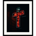 Jesus Saves Neon Sign At Night By Jon Bilous Wood Framed Wall Art Print