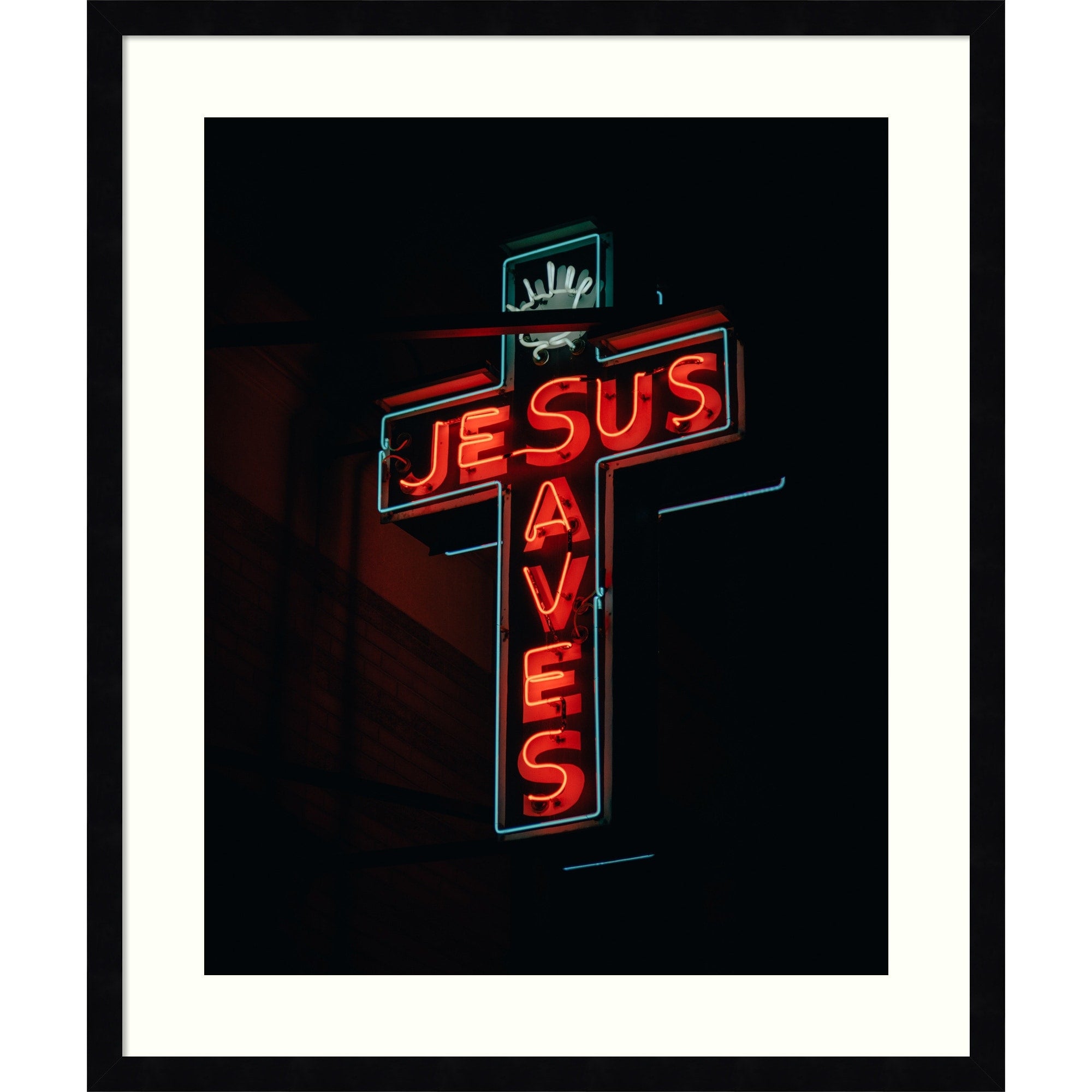Jesus Saves Neon Sign At Night By Jon Bilous Wood Framed Wall Art Print