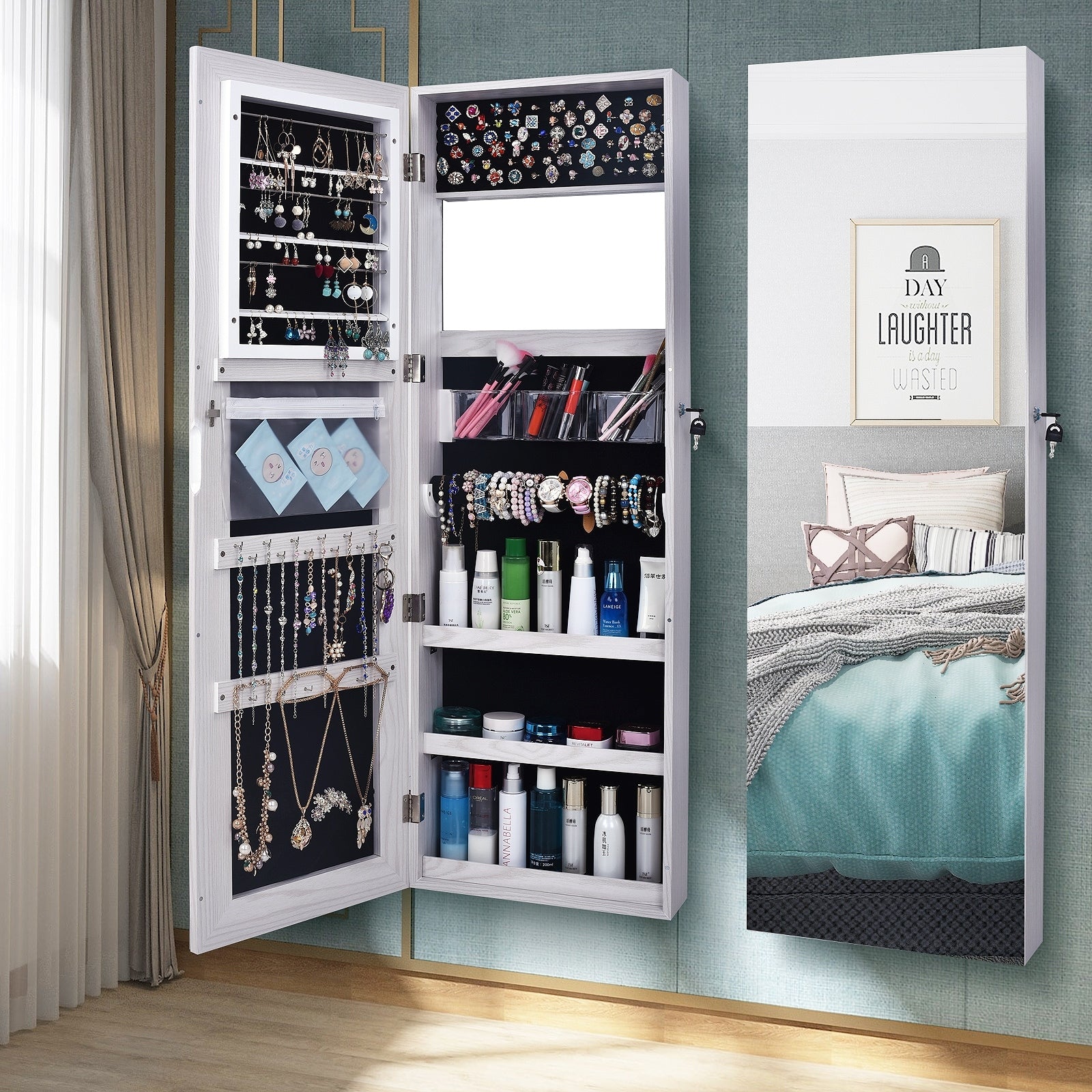 Jewelry Armoire Cabinet With Dressing Mirror Storage Wallmount Case