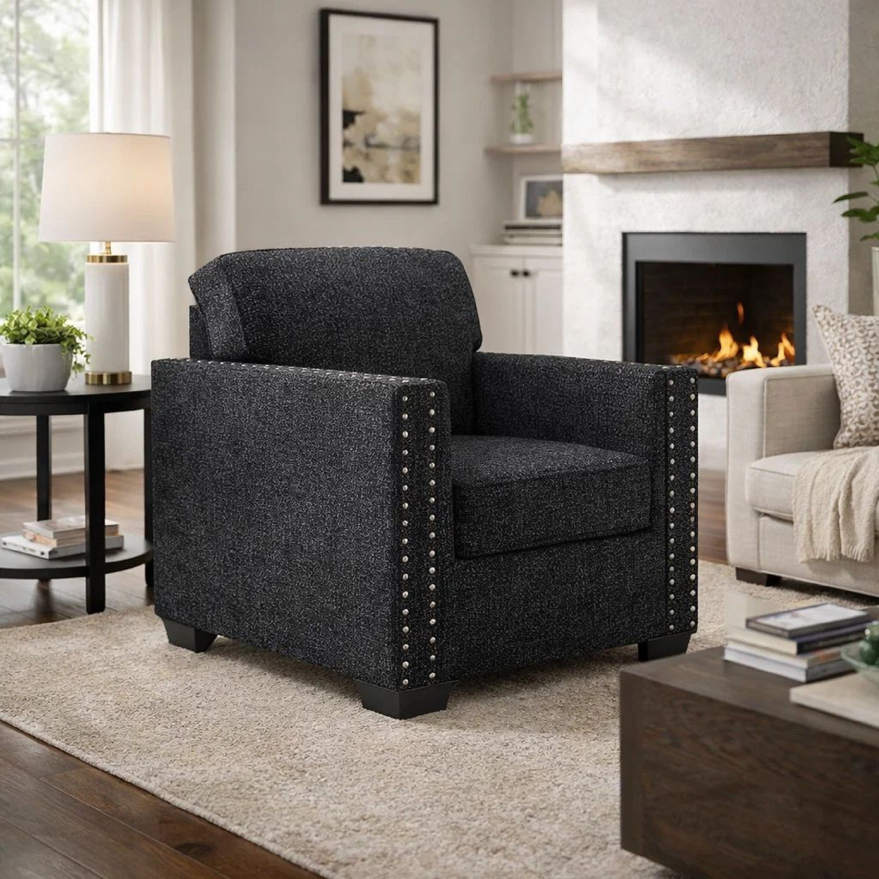 Jez Accent Armchair Coal Black Polyester With Nailhead Trim Led Base