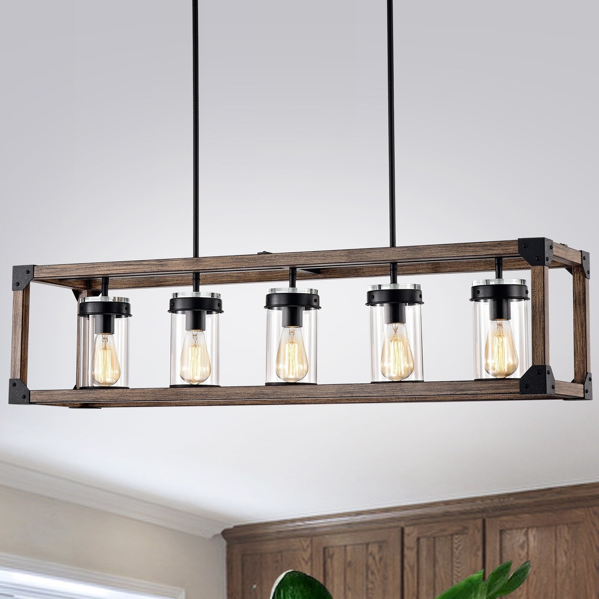 Jhenny 44 Inch Forged Black And Imitation Wood Grain Pendant Lamp