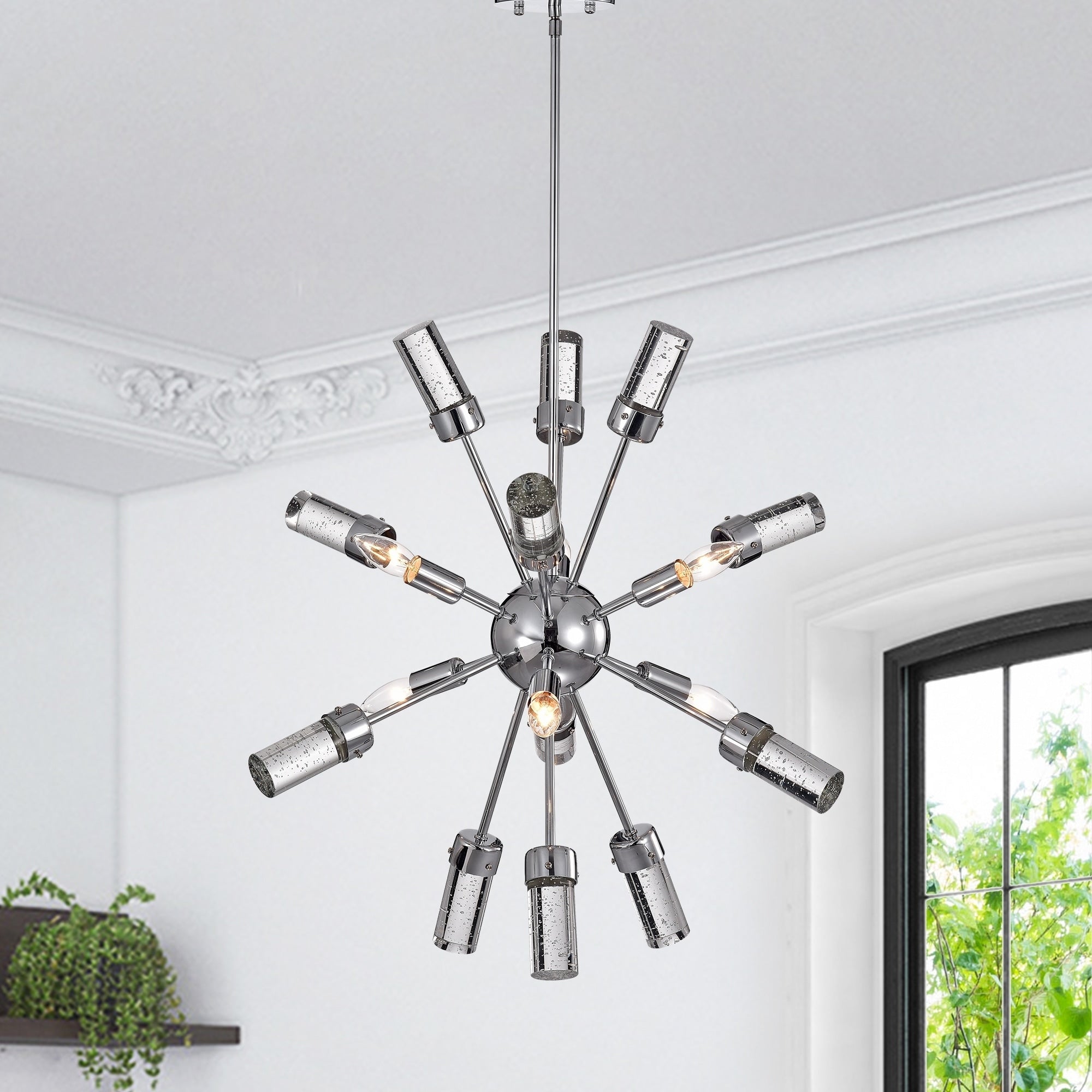 Jimnu Chrome 25 Inch Sputnik Style Chandelier With Seeded Glass Tipped Batons