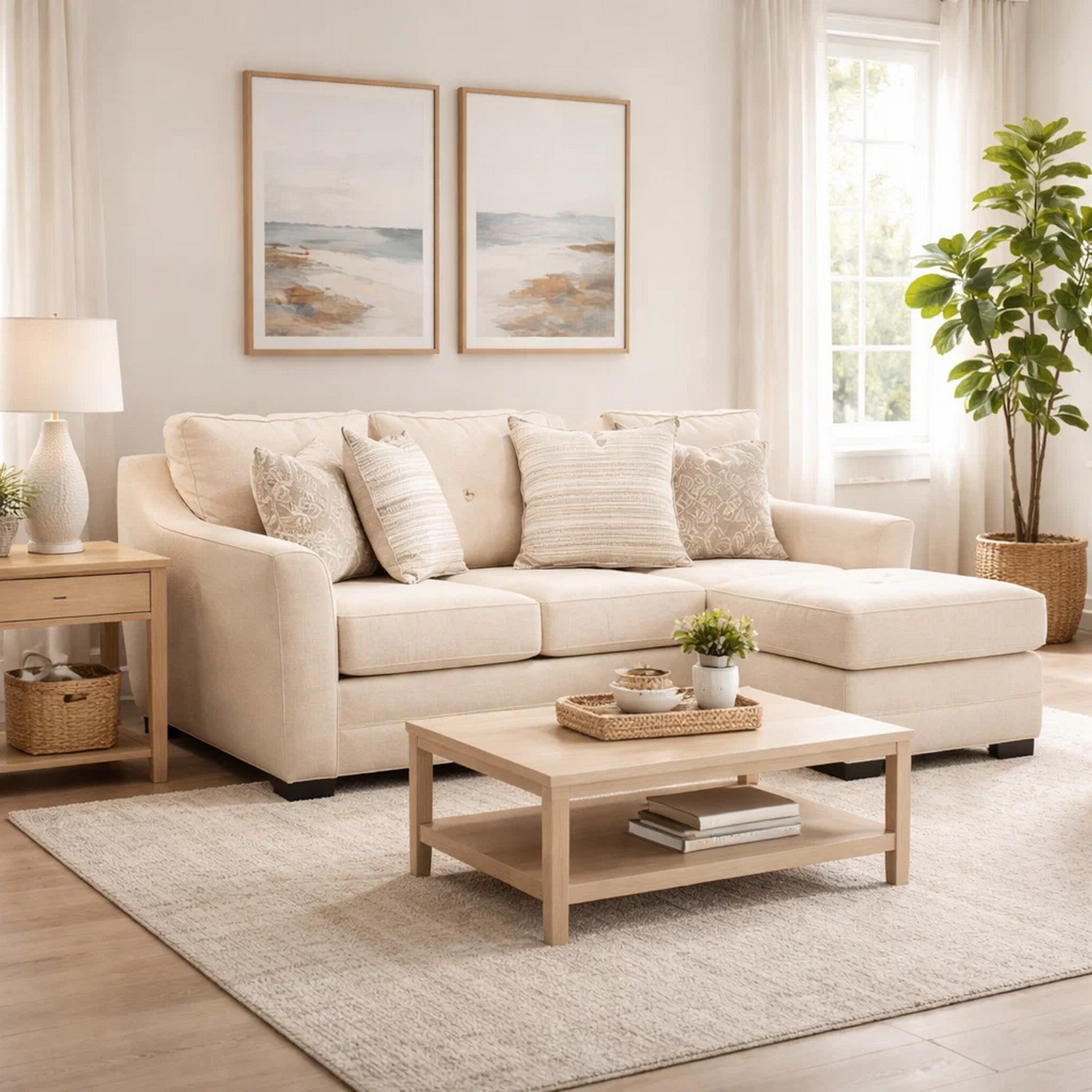 Jimy Sofa Chaise With 4 Pillows Flared Arms Jute Beige Nuvella 91 Inch