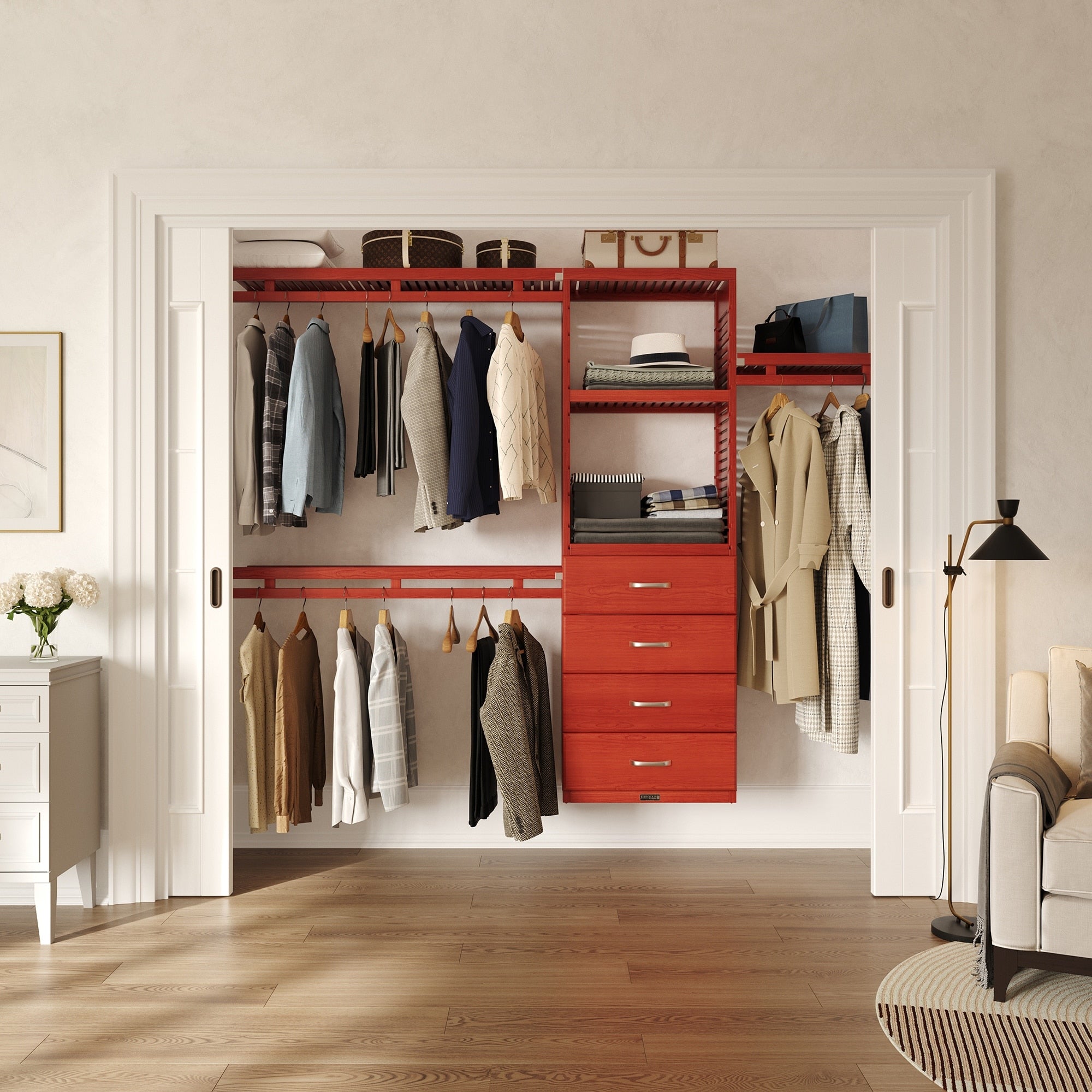 John Louis Home 12In. Deep Solid Wood 4 Drawer Simplicity Closet Organizer Red Mahogany