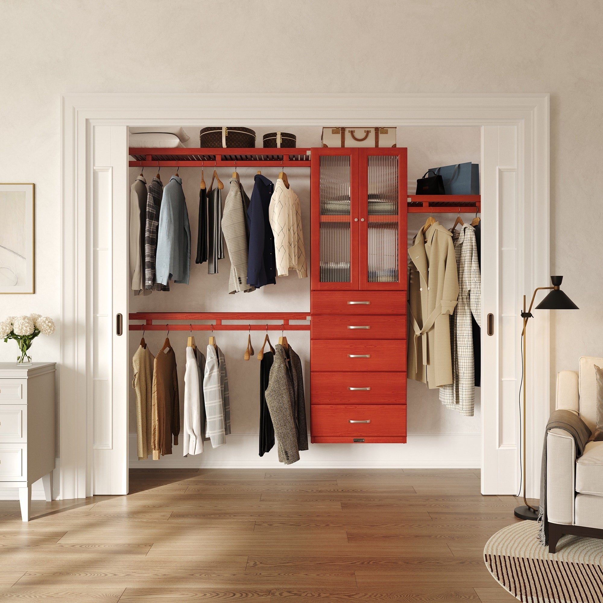 John Louis Home 12In. Deep Solid Wood 5 Drawer Doors Simplicity Closet Organizer Red Mahogany