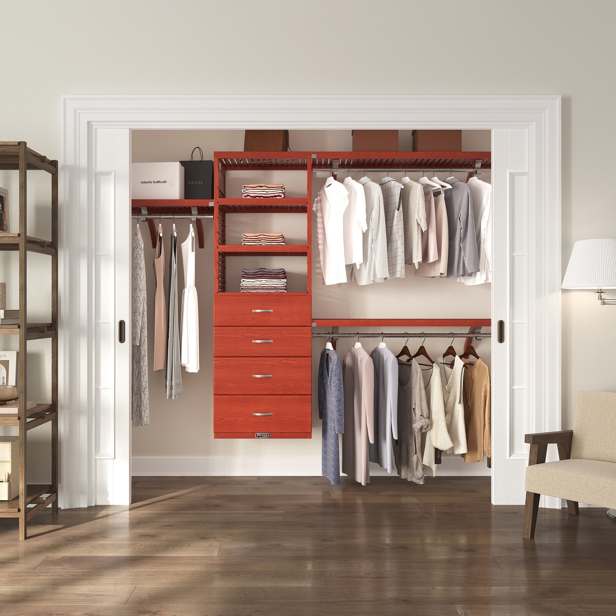 John Louis Home 16In Deep 4 Drawer Solid Wood Deluxe Organizer Red Mahogany