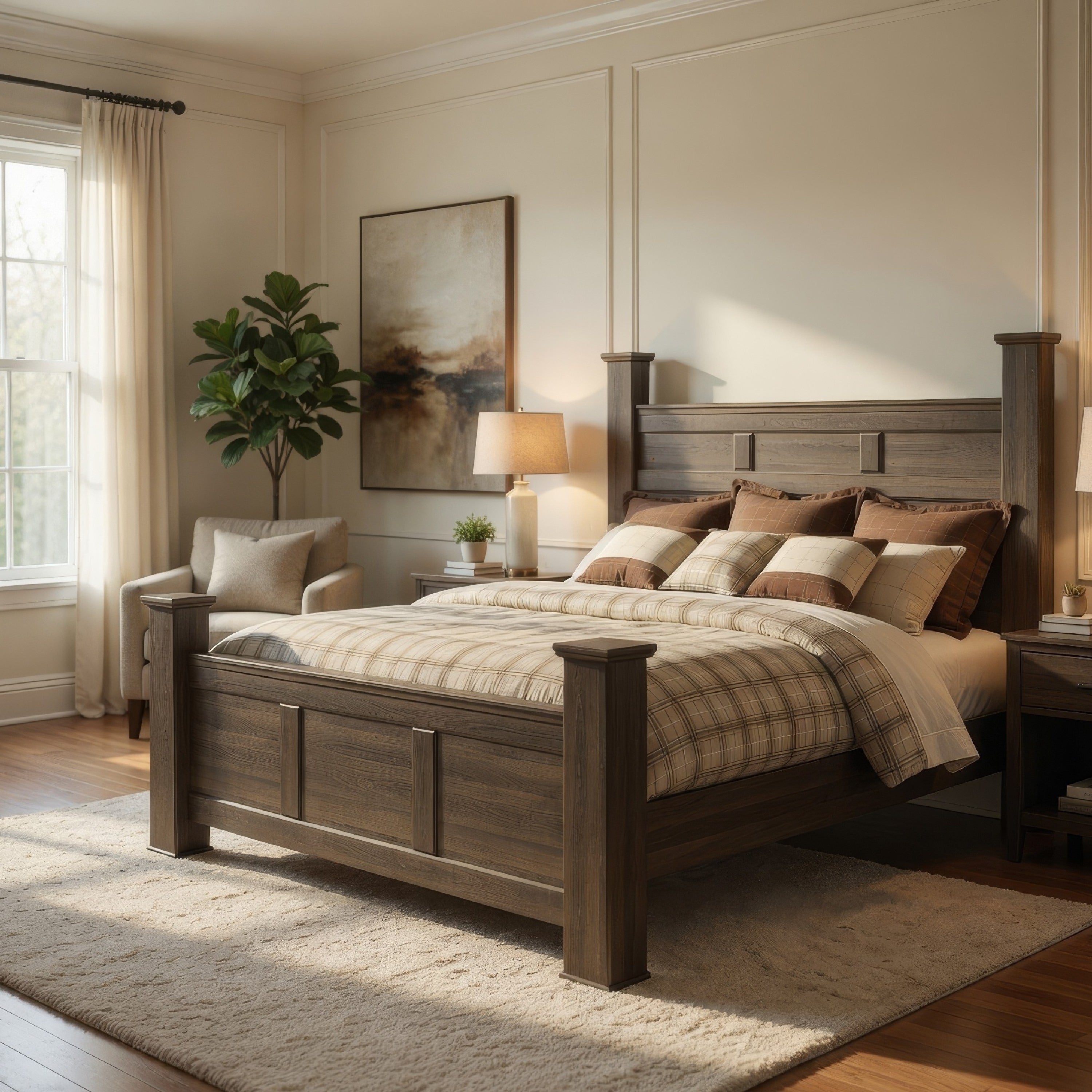 Joi King Size Poster Bed Plank Design Aged Oak Brown Rough Sawn