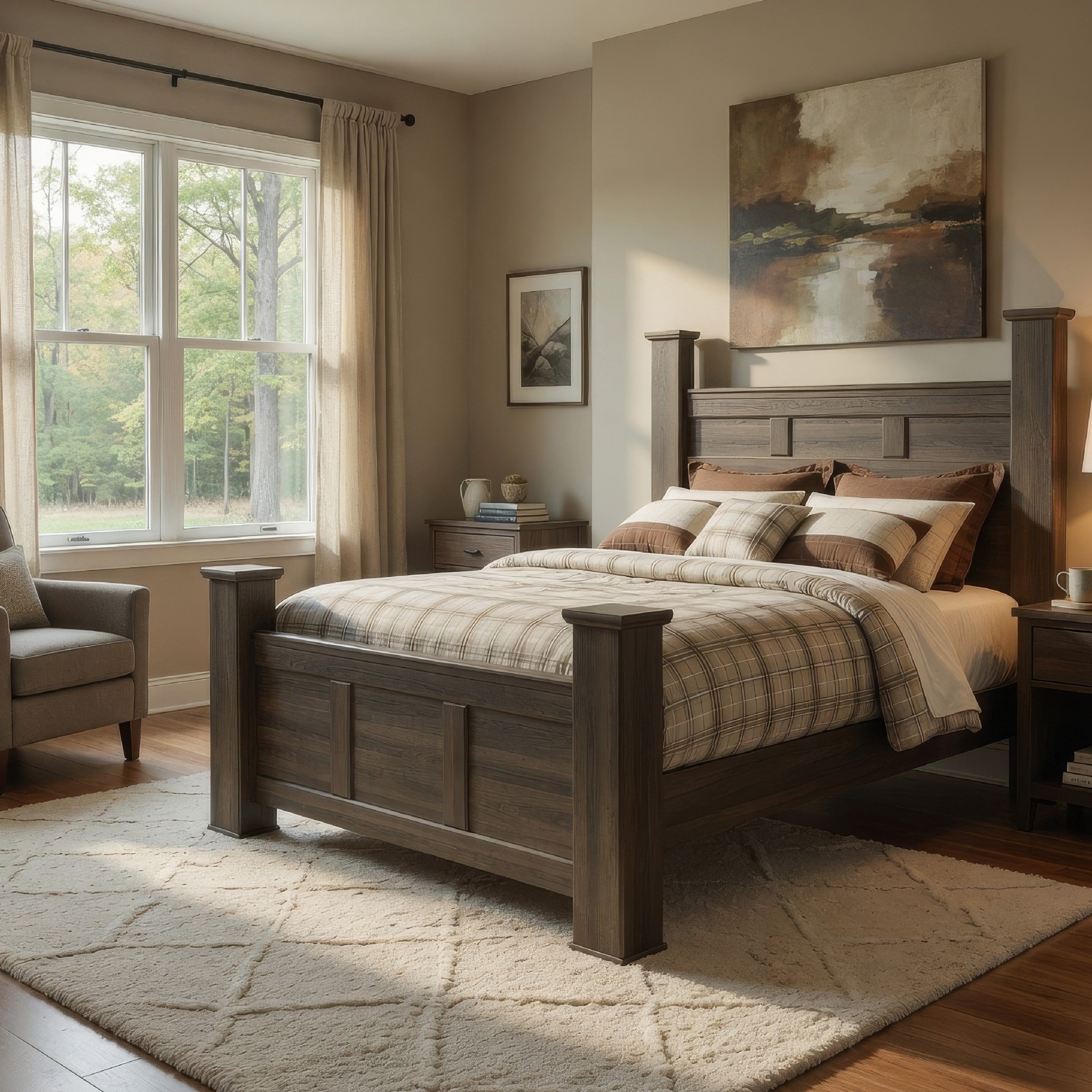 Joi Queen Size Poster Bed Plank Design Aged Oak Brown Rough Sawn