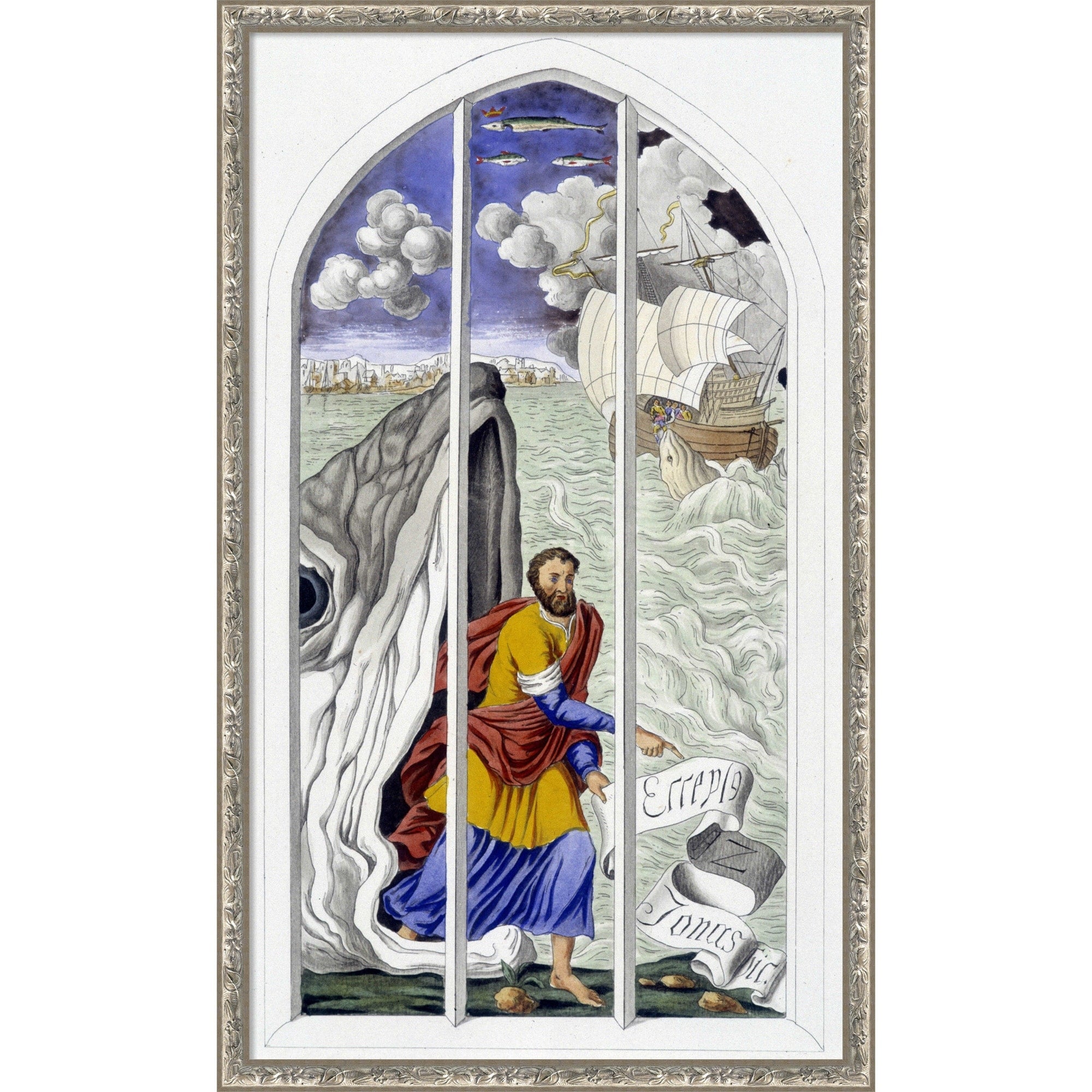 Jonas And The Whale By Unknown Artist Framed Mounted Canvas Wall Art Print