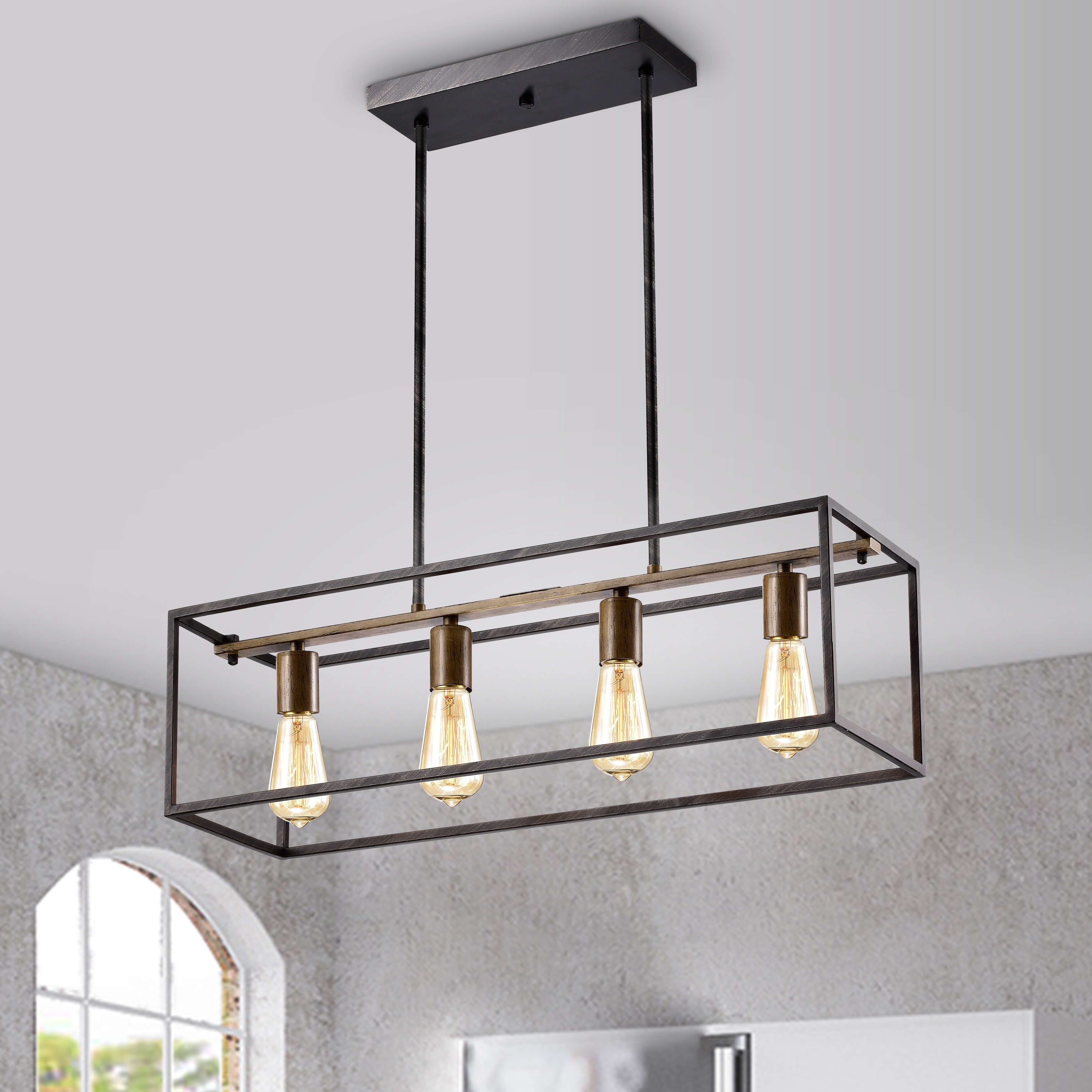 Joshua Antique Black And Wood Color Finish Rectangular Iron Pendant N A