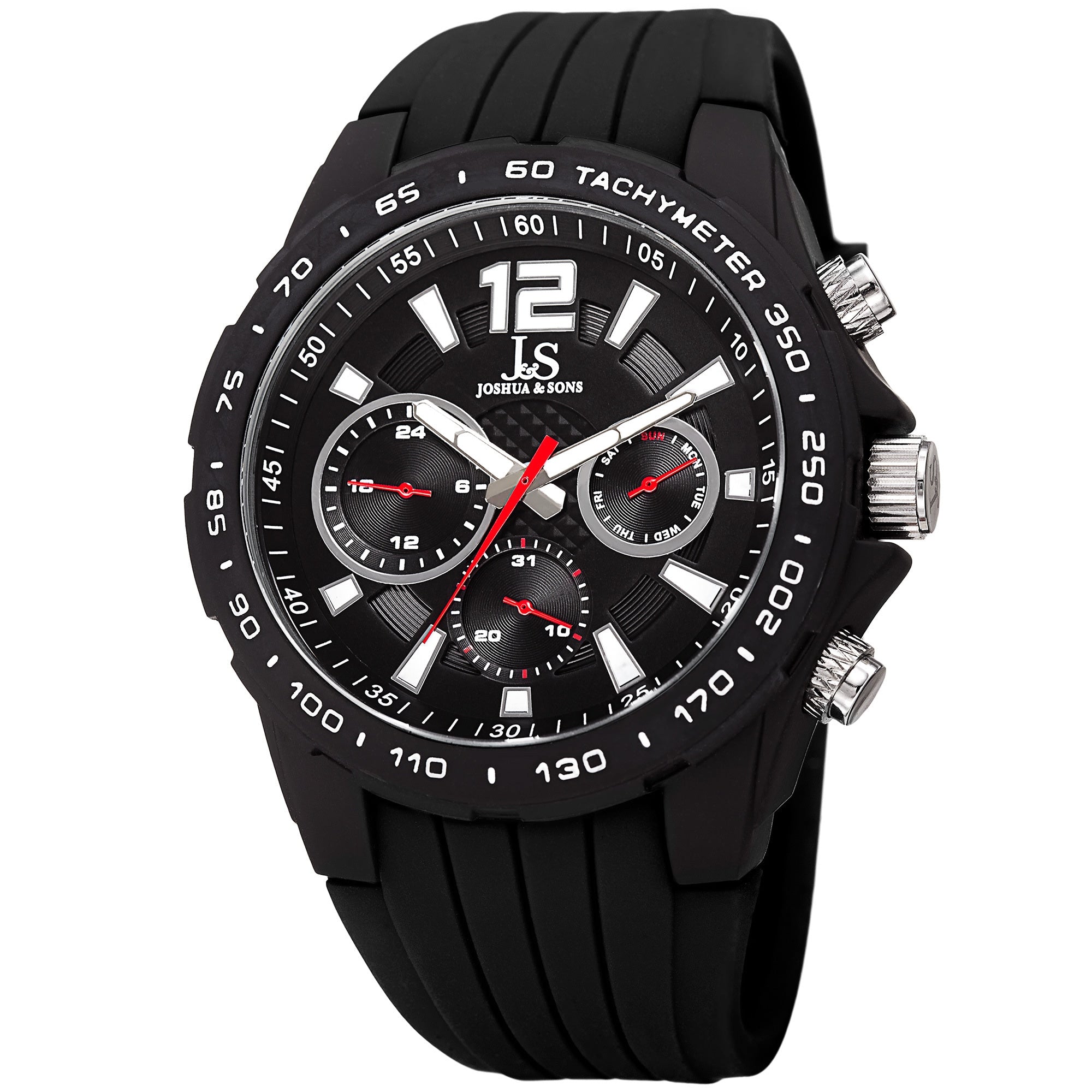 Joshua Sone Mens Quartz Multifunction Tachymeter Black Strap Watch